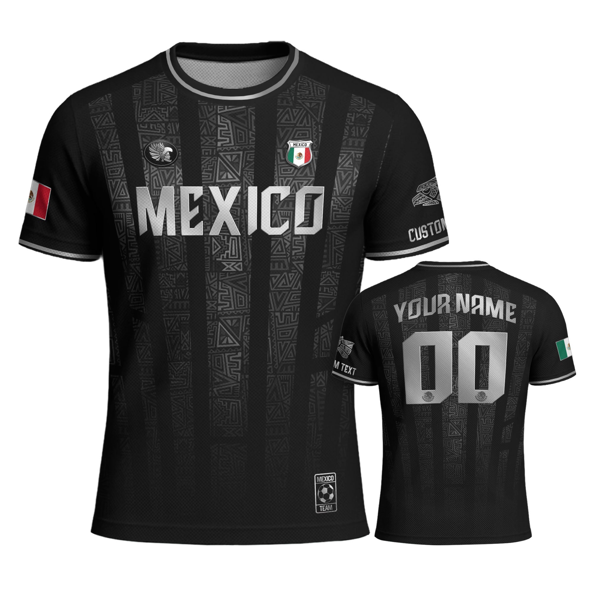 Mexico Custom Black Soccer Jersey with Silver Aztec Pattern