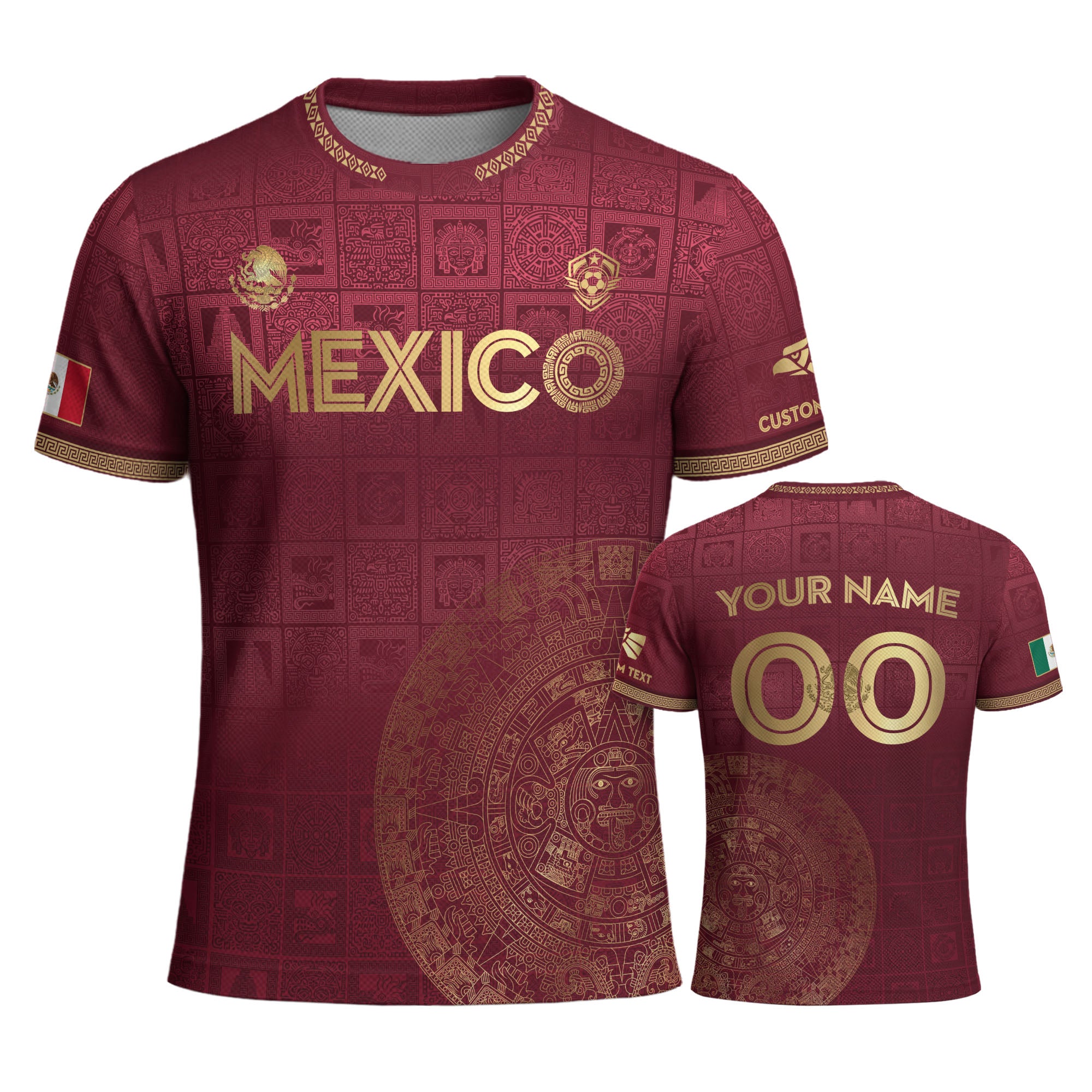 Mexico Custom Maroon with Golden Aztec Calendar Soccer Jersey