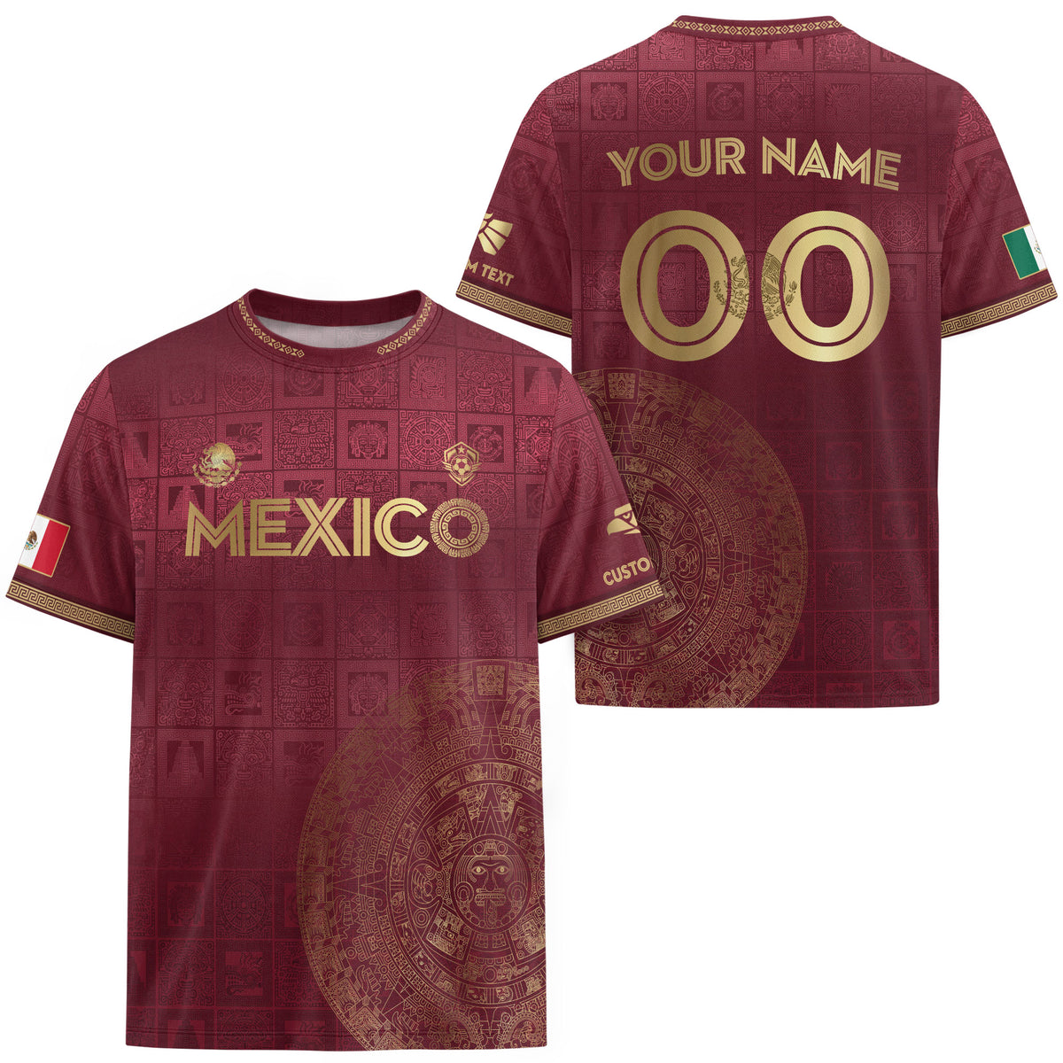 Custom Mexico Maroon Golden Aztec Calendar Soccer Jersey