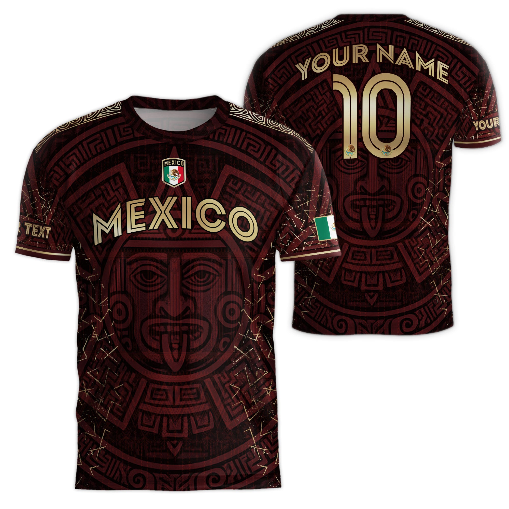 Custom Soccer Jersey Mexico Burgundy Gold Aztec Sun Design