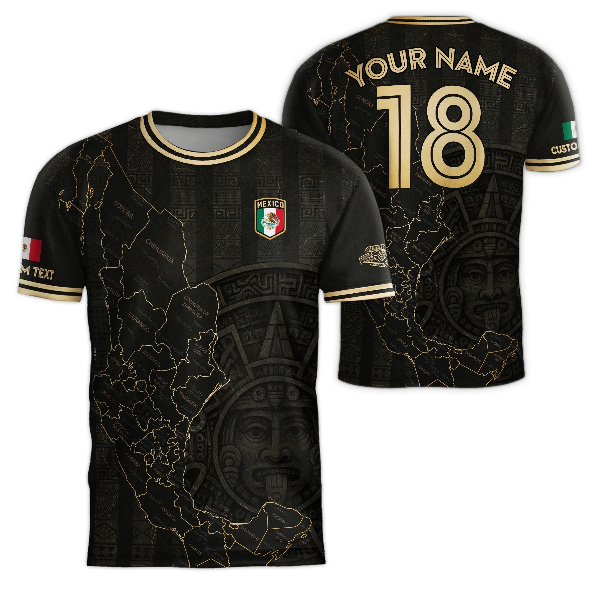 Custom Mexico Black Gold Map Aztec Sun Design Soccer Jersey