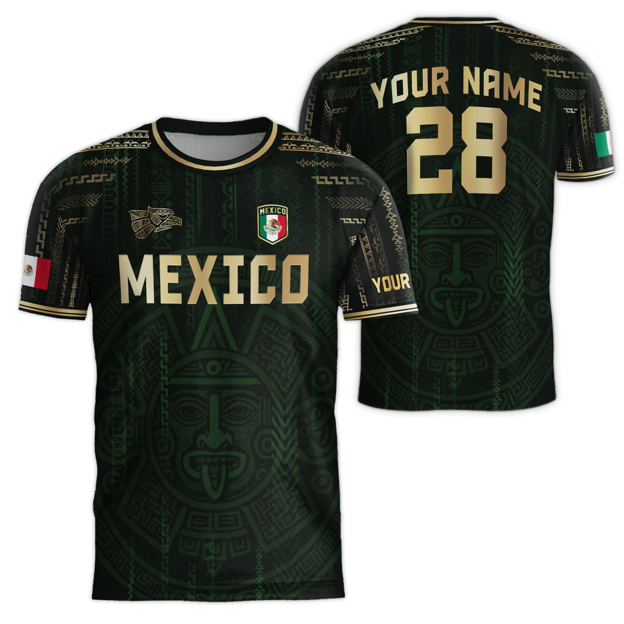 Custom Mexico Dark Green Gold Aztec Sun Design Soccer Jersey