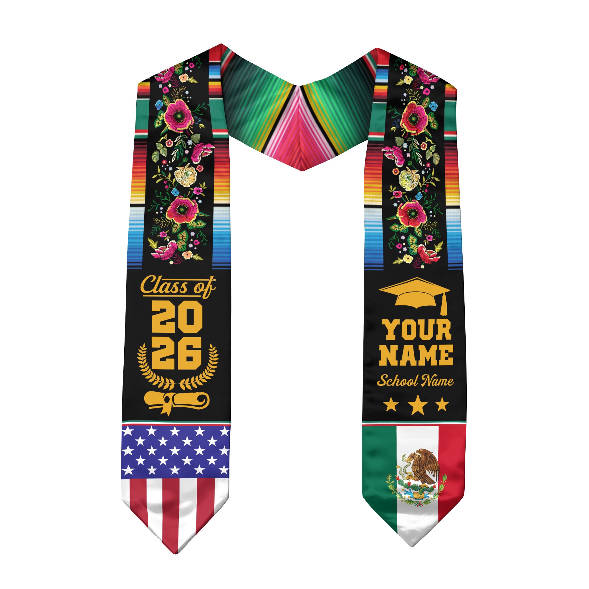 Custom Mexican Graduation Stole Mexico USA Flag Serape Floral Class 2026