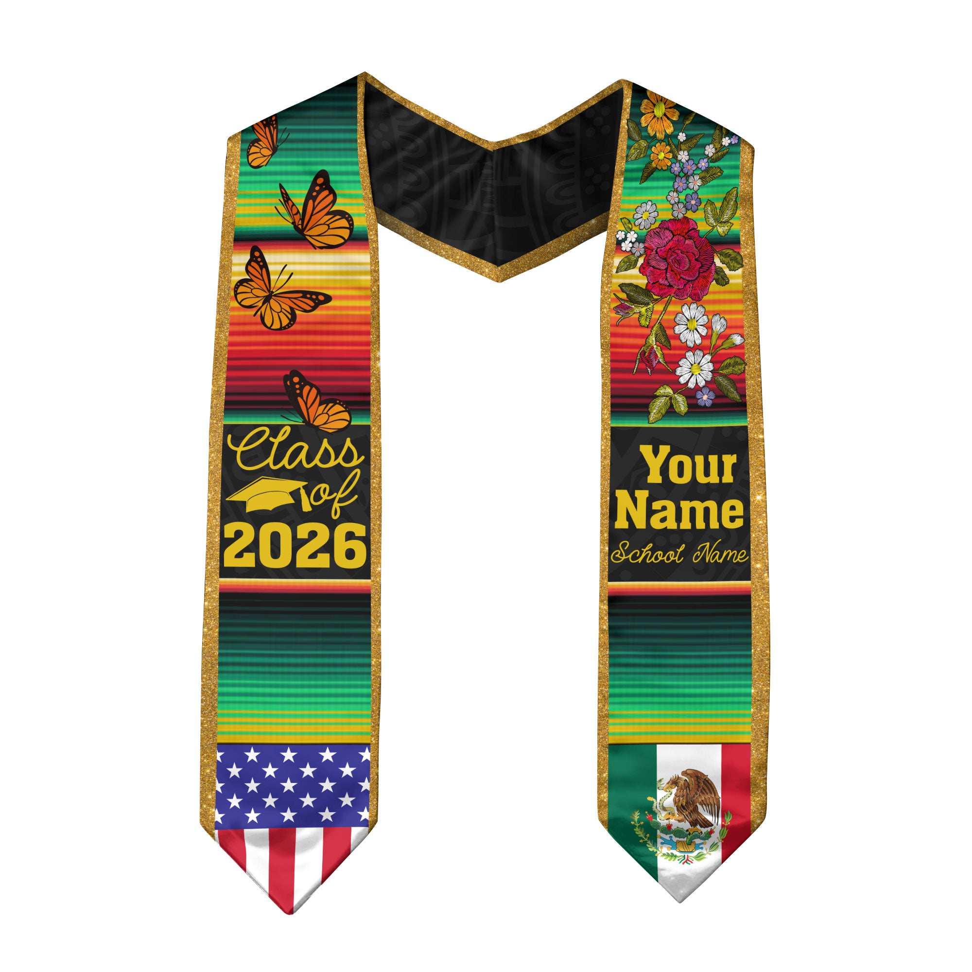 Custom Mexican Graduation Stole Mexico USA Flag Serape Butterfly Floral Class 2026