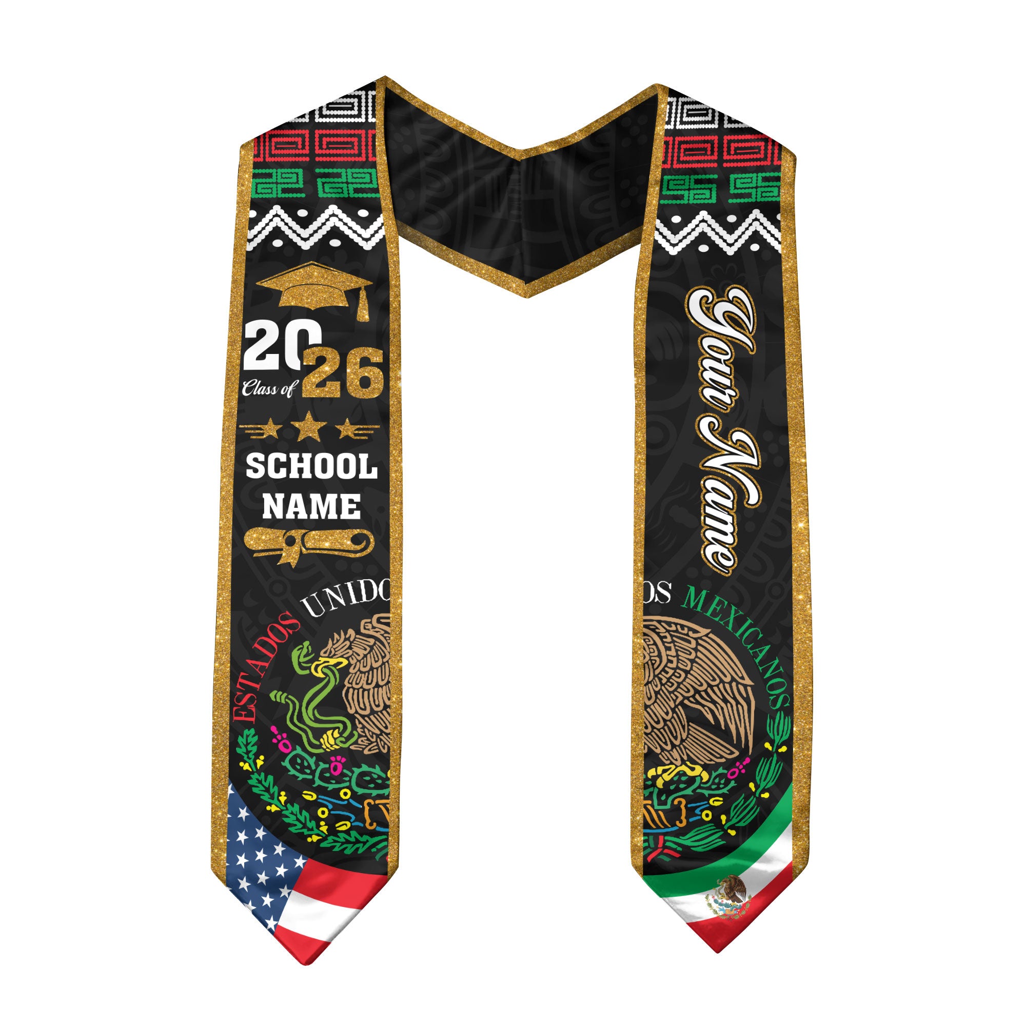 Custom Mexican Graduation Stole Mexico USA Flag Aztec Eagle Glitter Class 2026