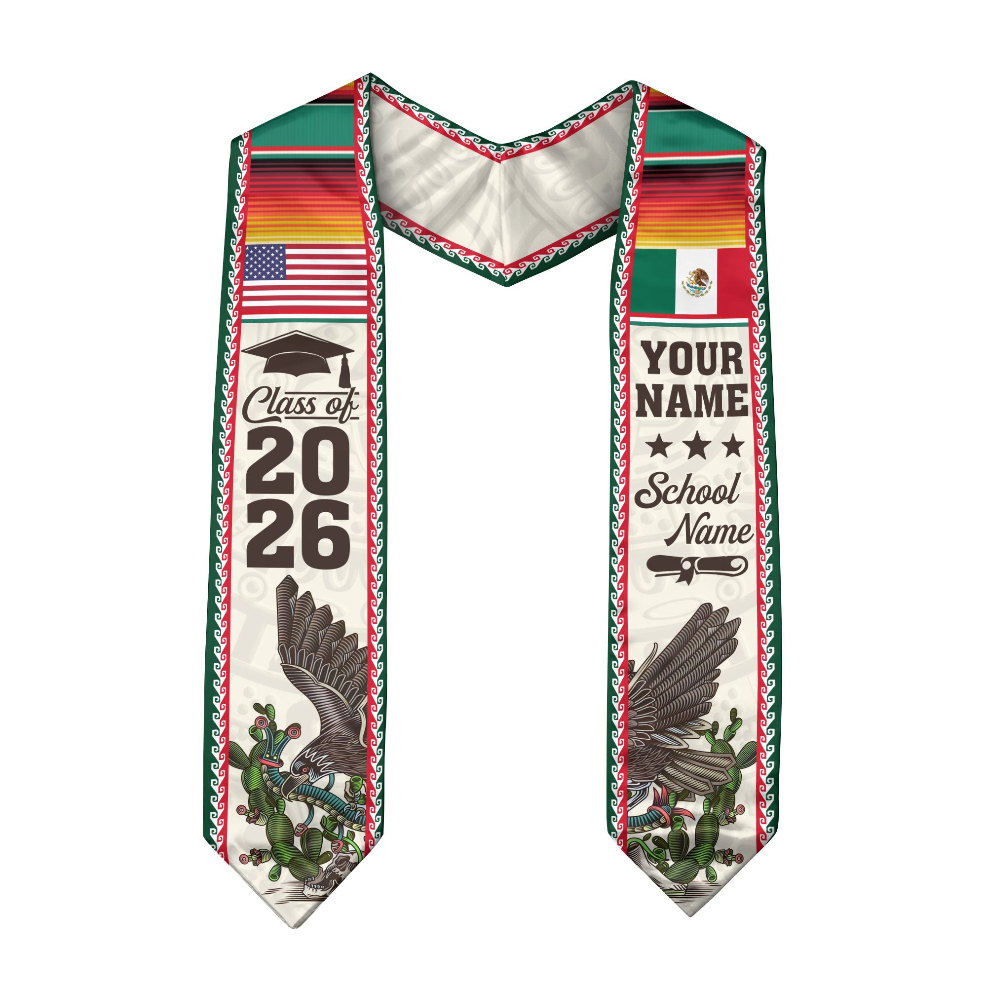 Custom Mexican Graduation Stole Mexico USA Flag Eagle Serape Class 2026