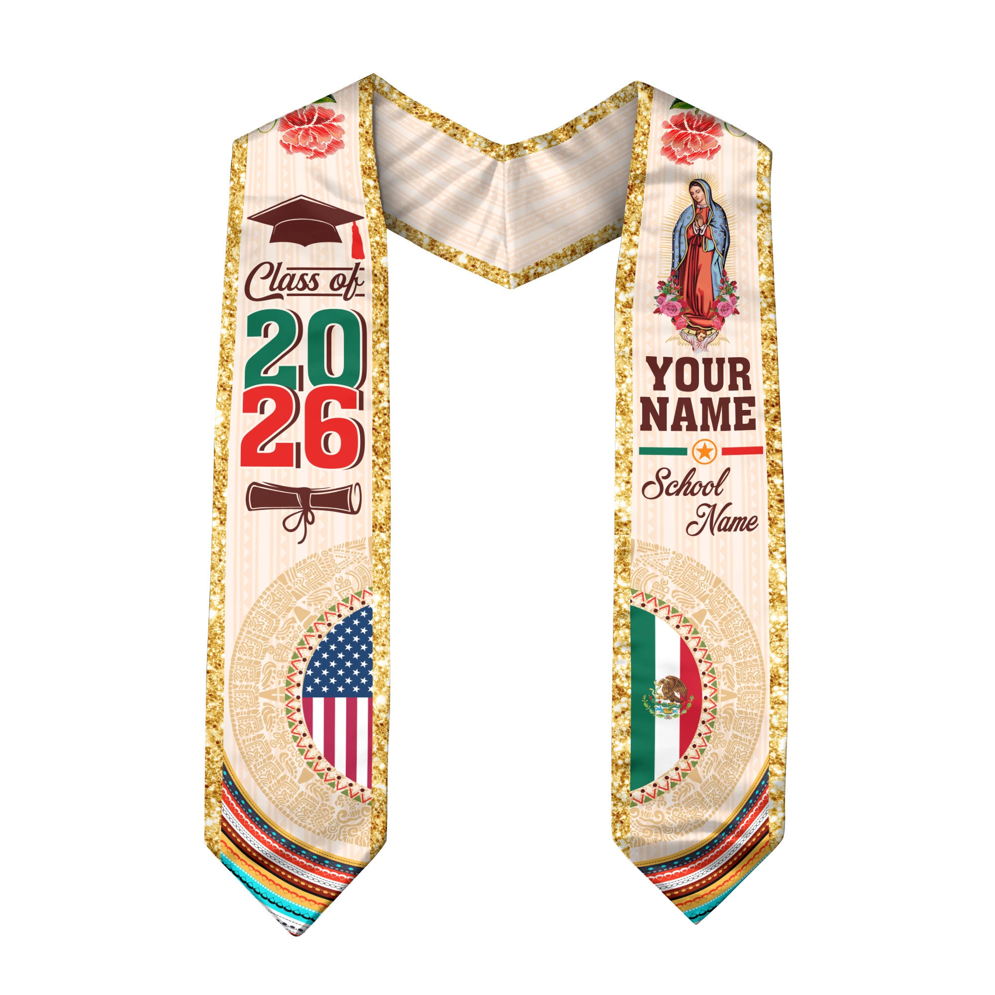 Custom Mexican Graduation Stole Aztec Calendar Virgin Mary USA Mexico Flag 2026