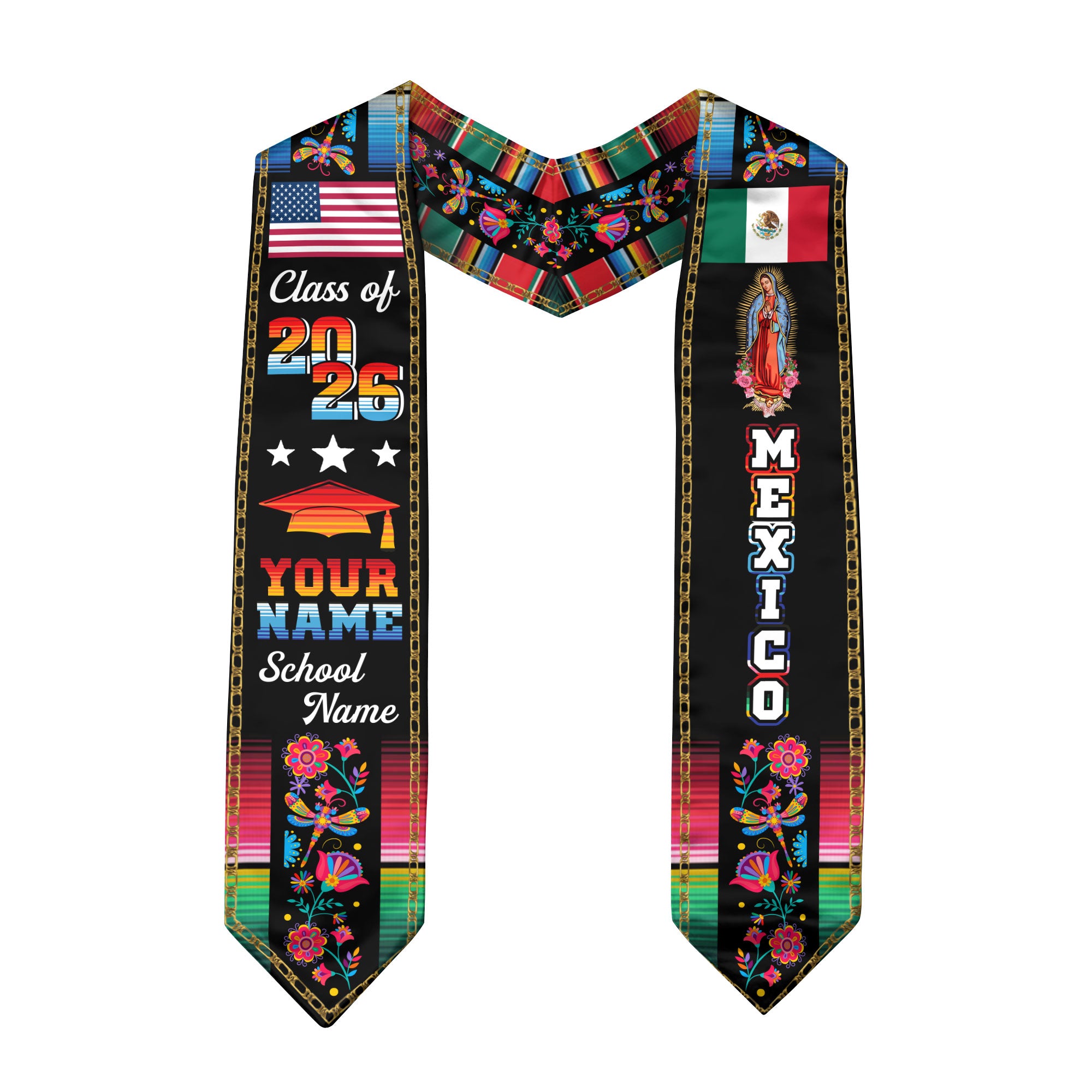 Custom Mexican Graduation Stole 2026 Aztec Floral Butterfly Virgin Mary USA Mexico Flag
