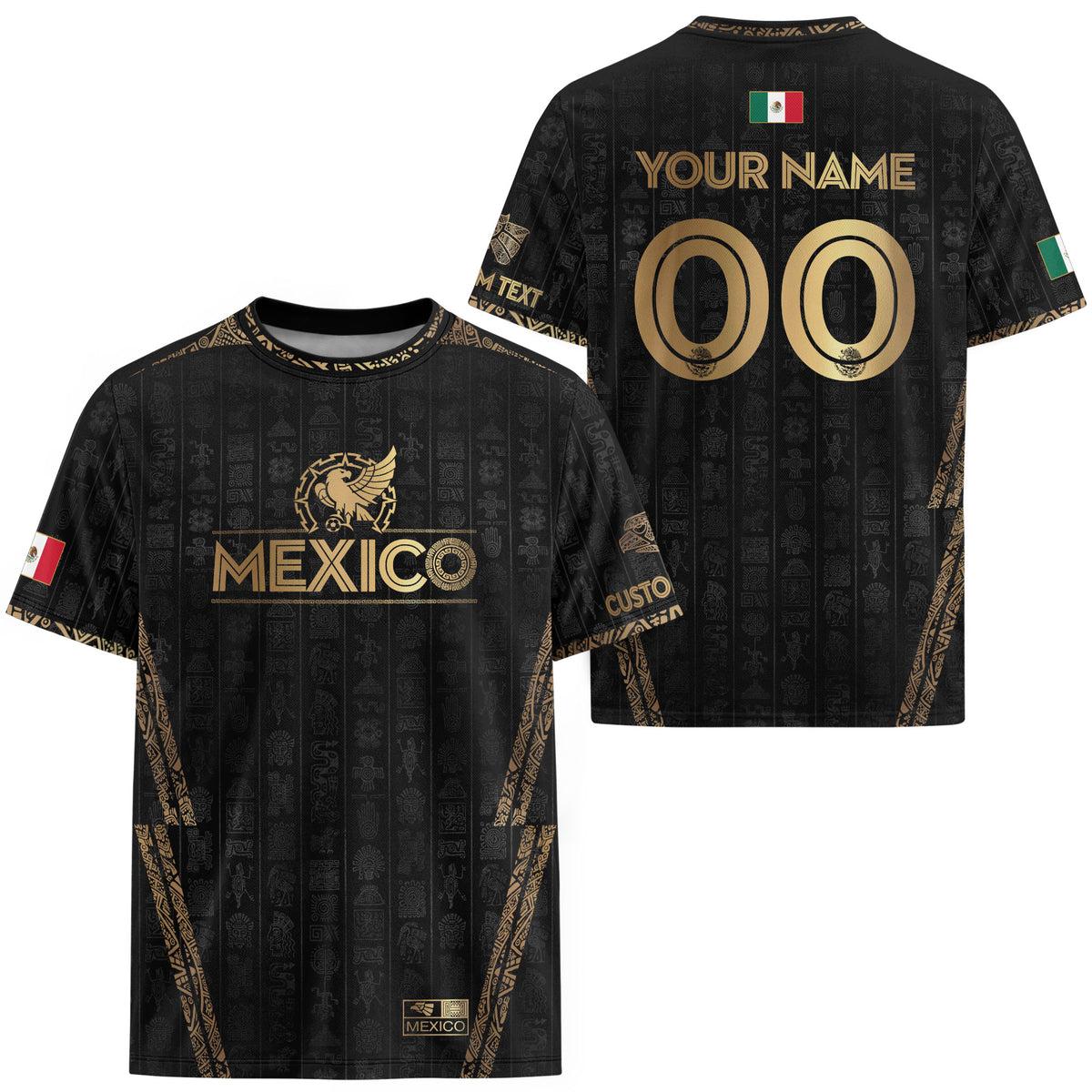 Custom Mexico Black Gold Soccer Jersey with Aztec Eagle Design