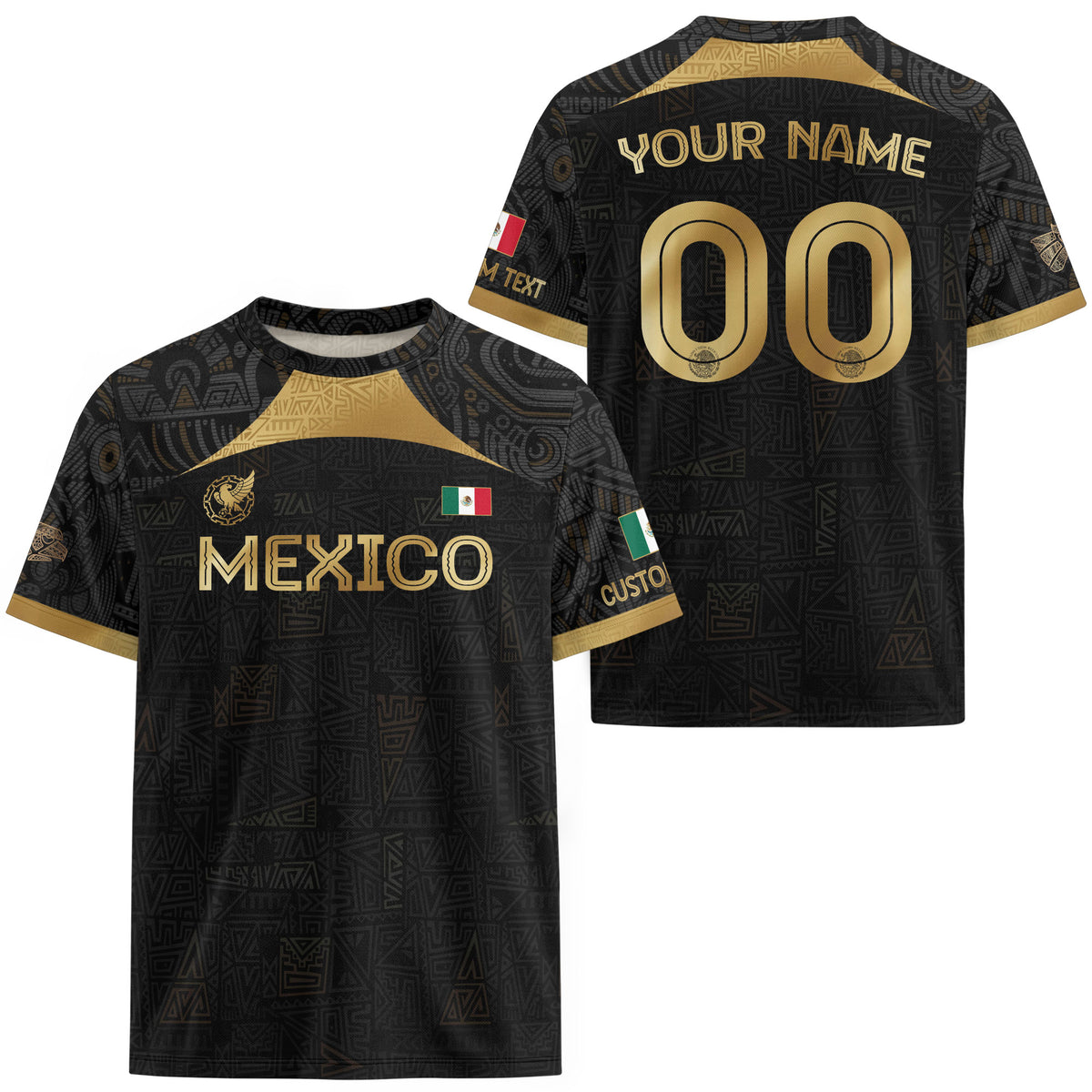 Custom Mexico Black Gold Soccer Jersey with Aztec Warrior Pattern