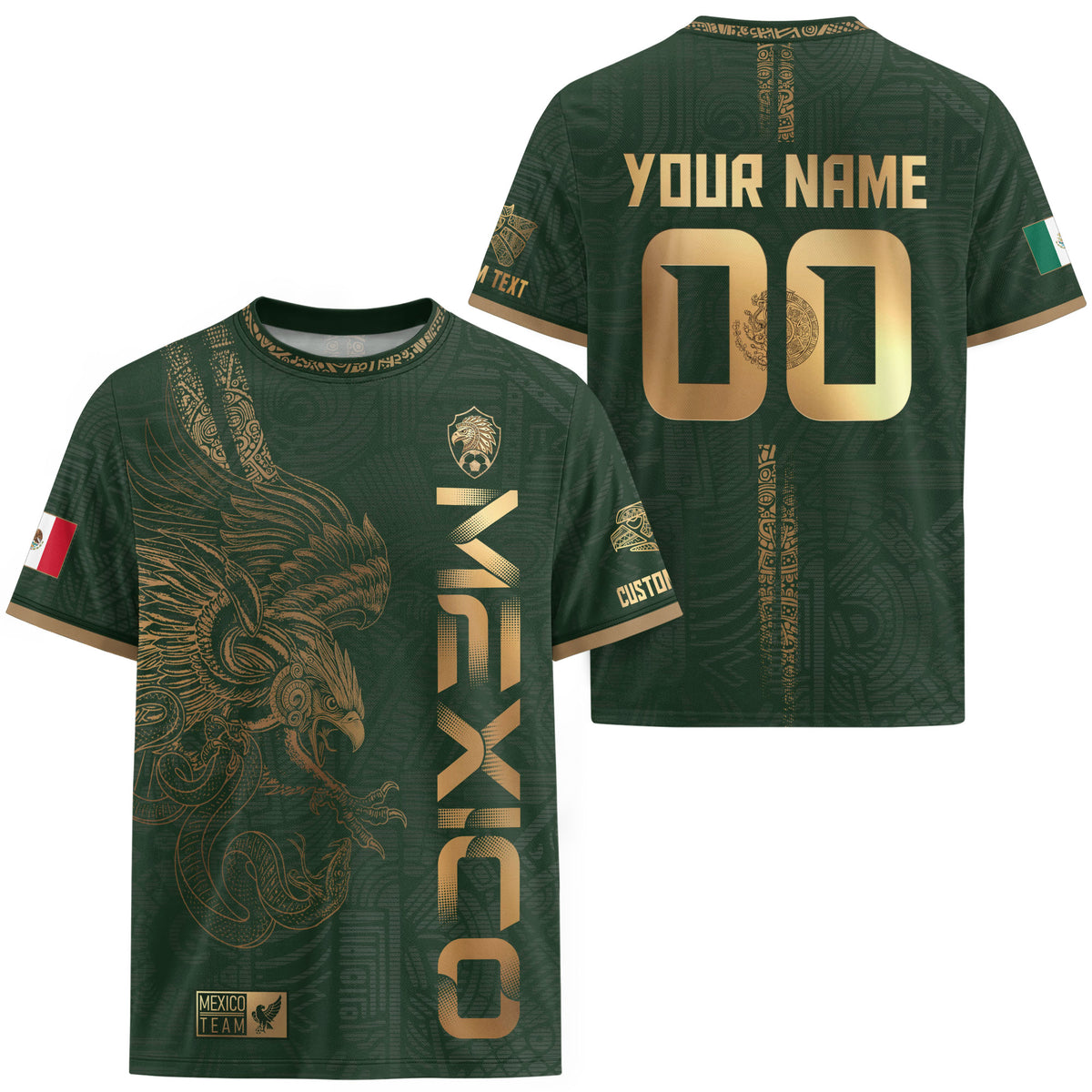 Custom Mexico Green Gold Soccer Jersey with Aztec Eagle Serpent Design