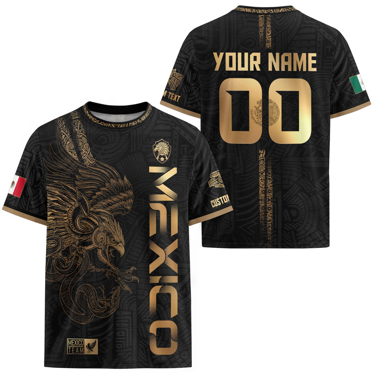 Custom Mexico Black Gold Soccer Jersey with Aztec Eagle Serpent Design