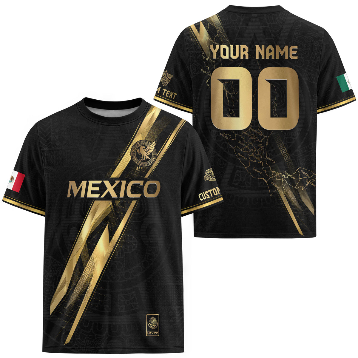 Custom Mexico Black Gold Soccer Jersey with Heritage Map Stripe Design