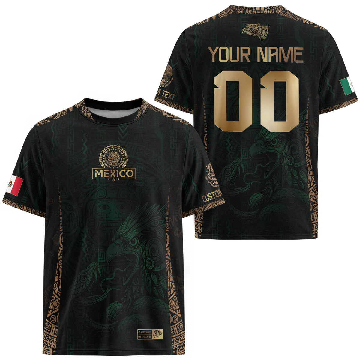Custom Mexico Green Gold Soccer Jersey with Aztec Eagle Warrior Design