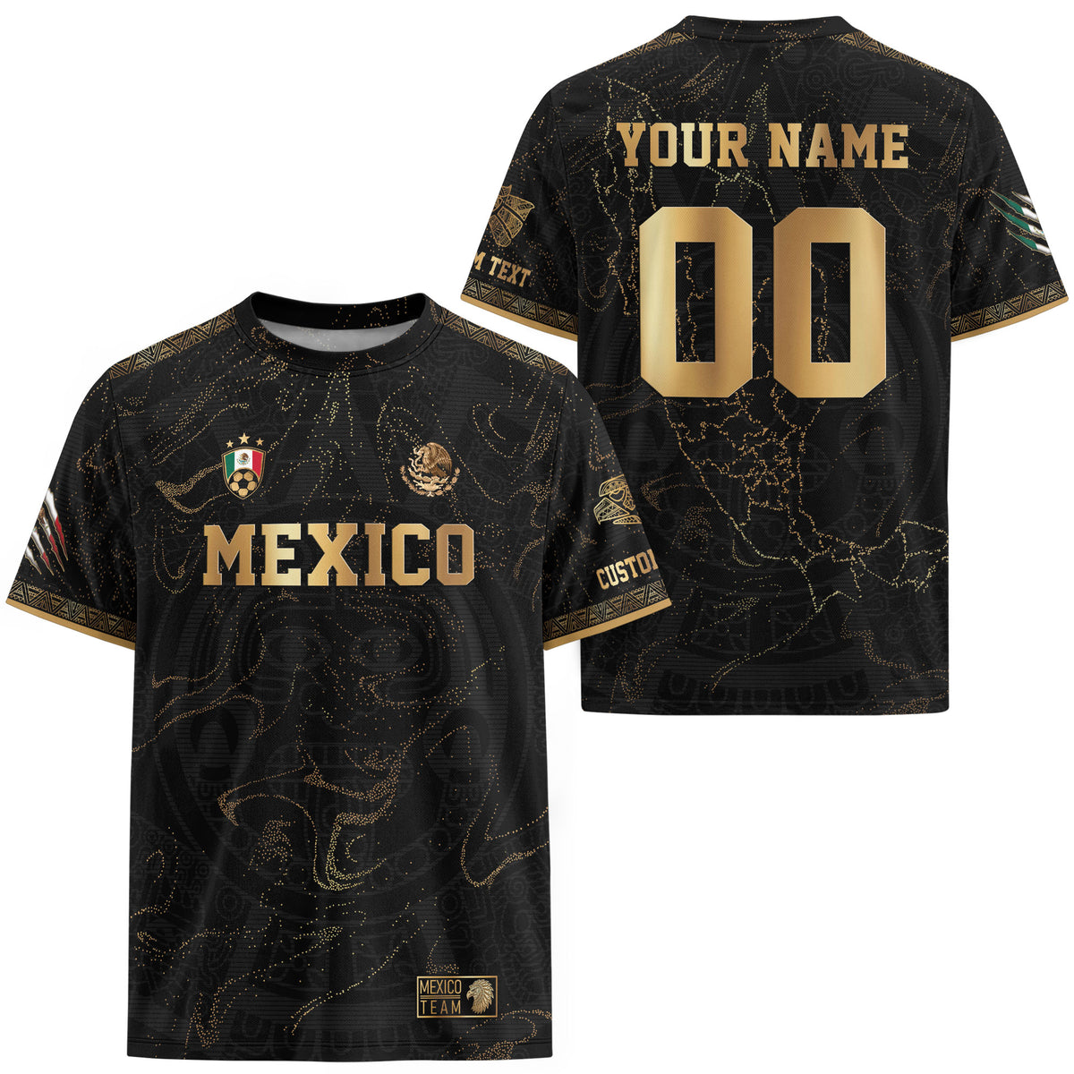 Custom Mexico Black Gold Soccer Jersey with Heritage Map and Aztec Pattern