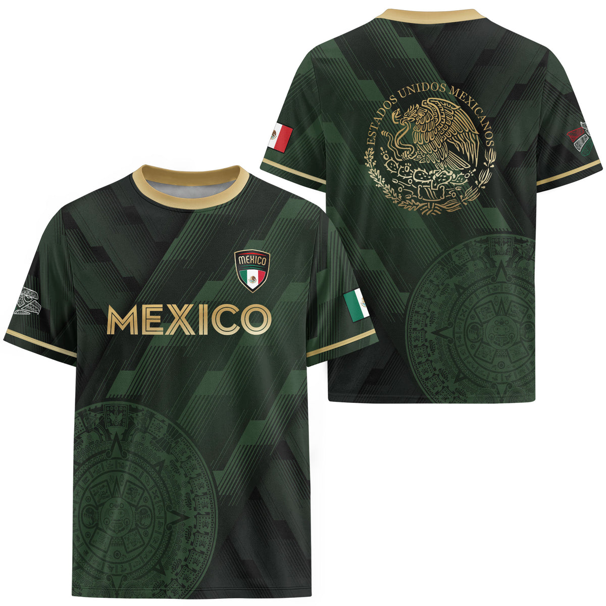 Mexico Green Soccer Jersey with Golden Aztec Sunstone Design