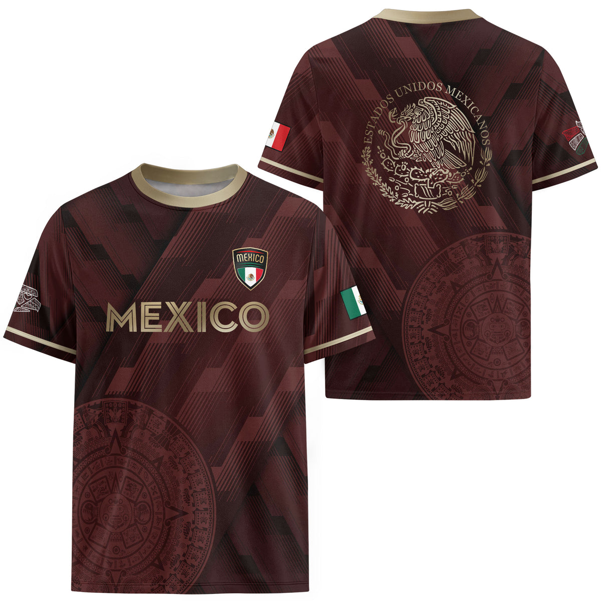 Camiseta de fútbol de México color burdeos con piedra solar azteca dorada y escudo del águila