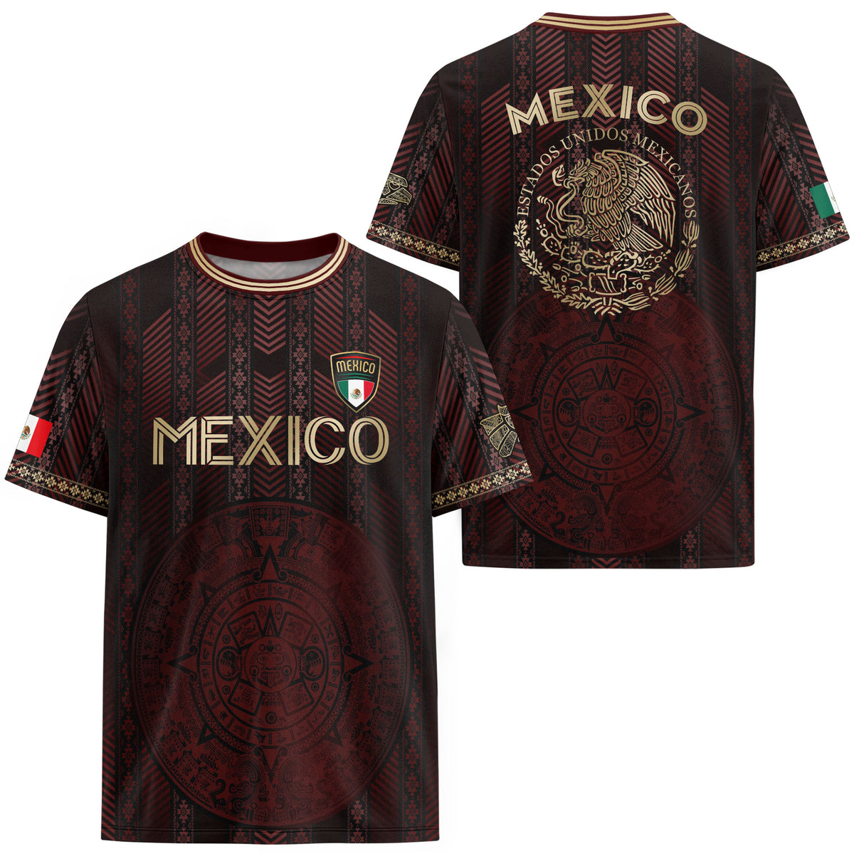 Camiseta de fútbol de México color burdeos con calendario azteca dorado y escudo del águila