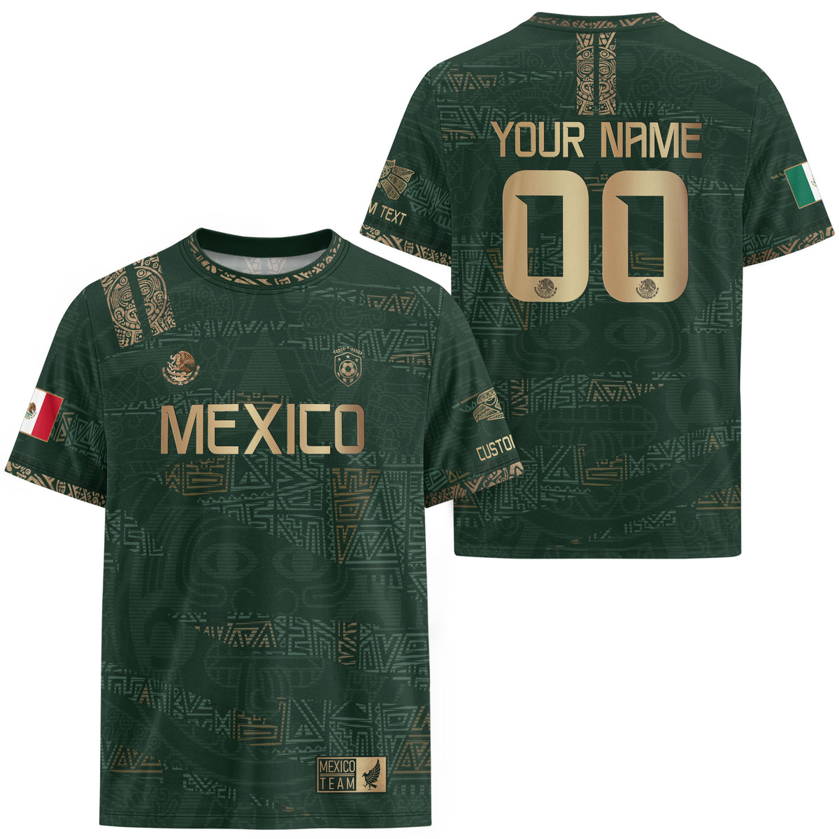 Custom Mexico Green Gold Aztec Pattern Soccer Jersey