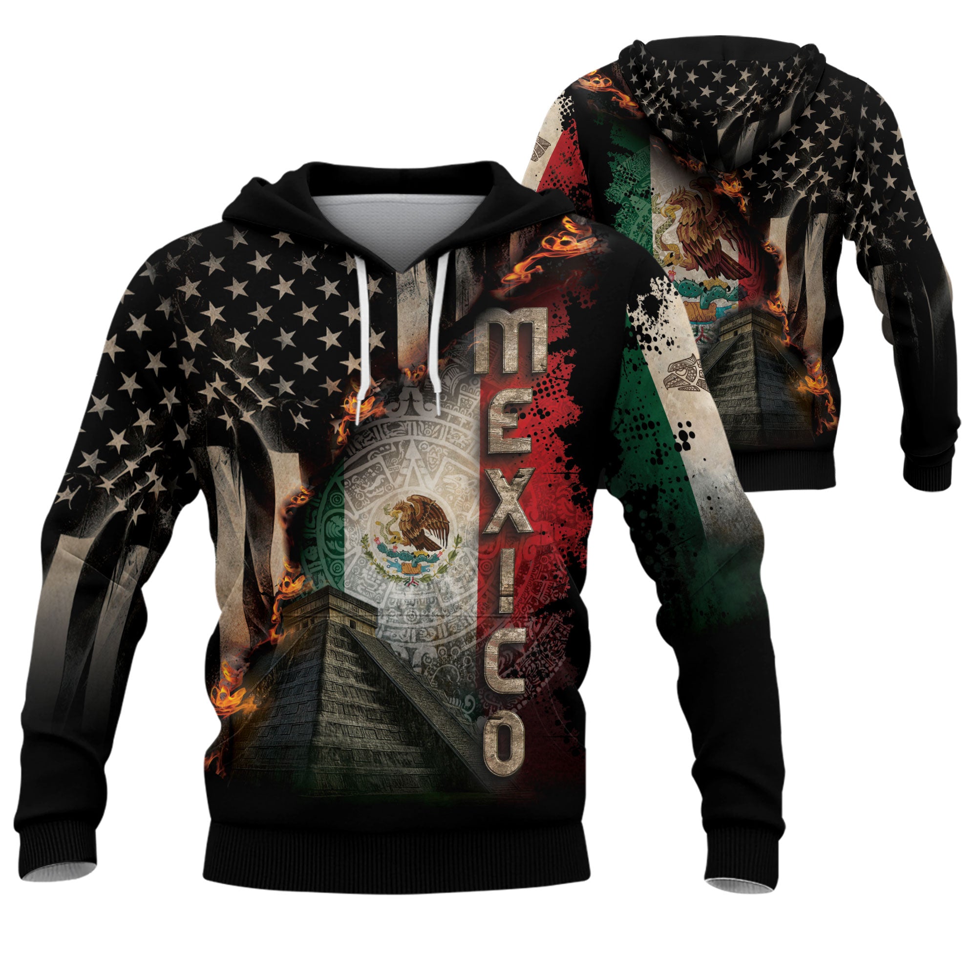 Mexico USA Flag Aztec Pyramid Heritage Unity Warrior Hoodie
