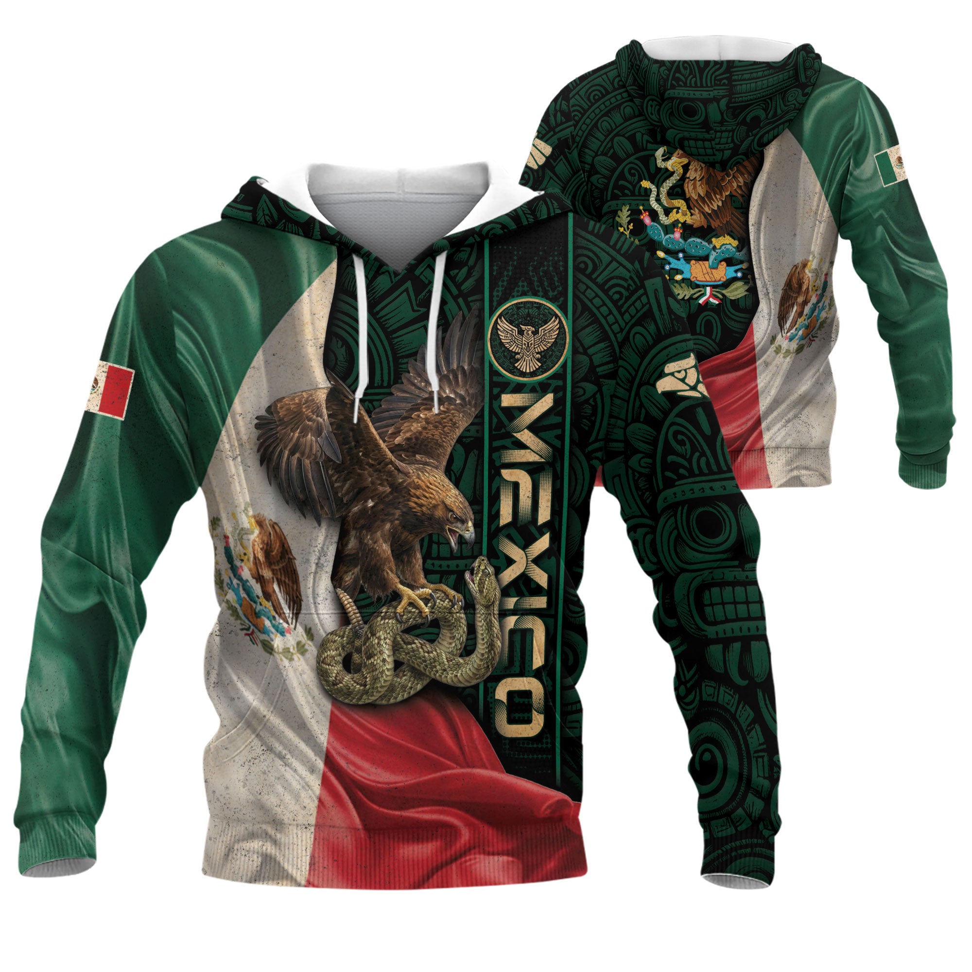 Mexico Flag Eagle Serpent Aztec Pattern Heritage National Pride Hoodie