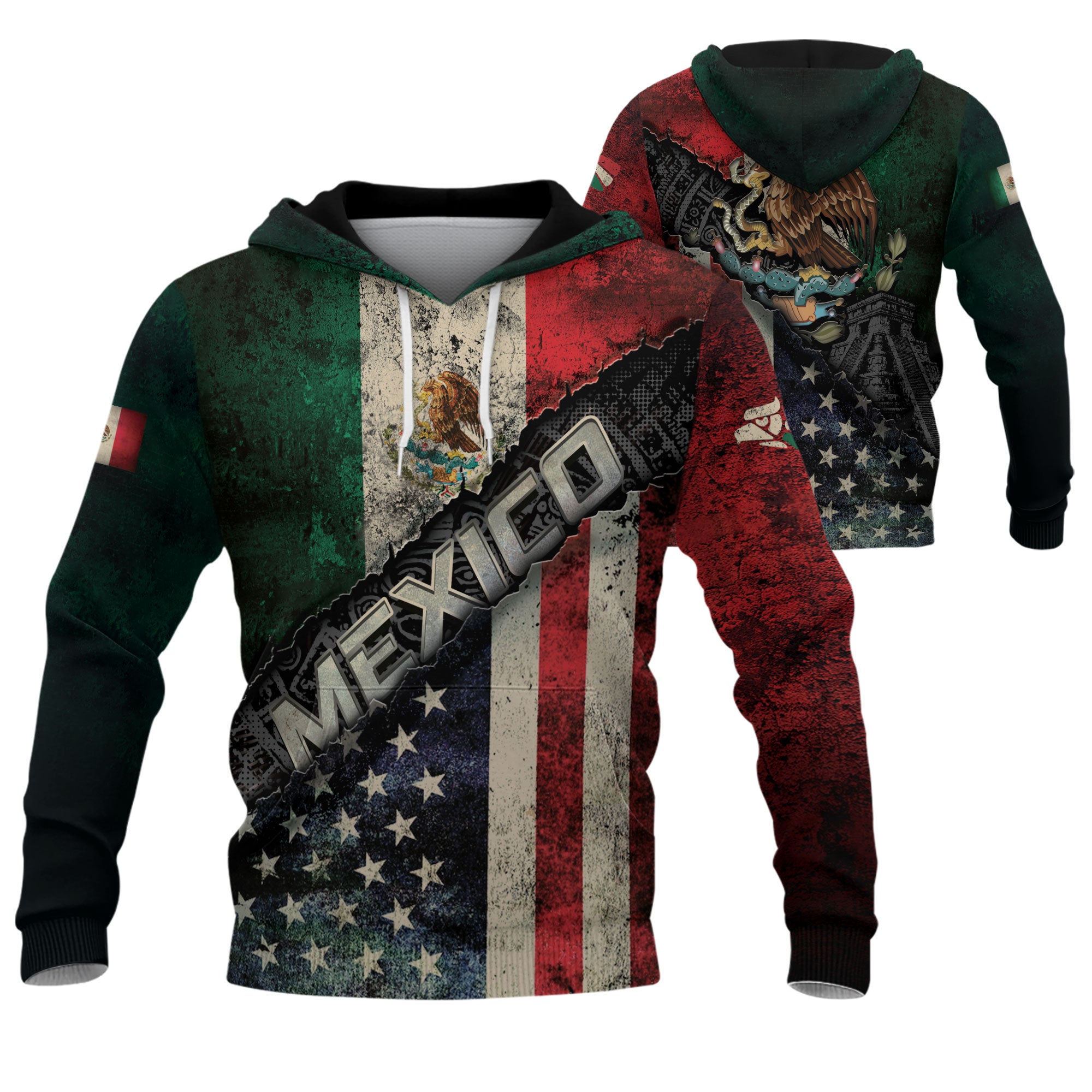Sudadera con capucha con estampado azteca, bandera de México y Estados Unidos, con águila, patrimonio vintage, unidad y orgullo