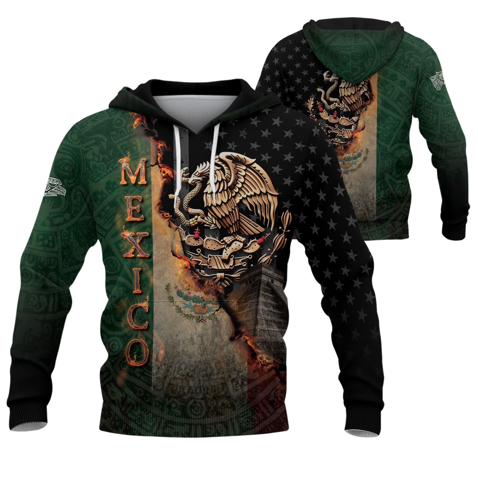 Mexico Flag Golden Eagle Fire Aztec Pyramid Heritage Power Warrior Hoodie