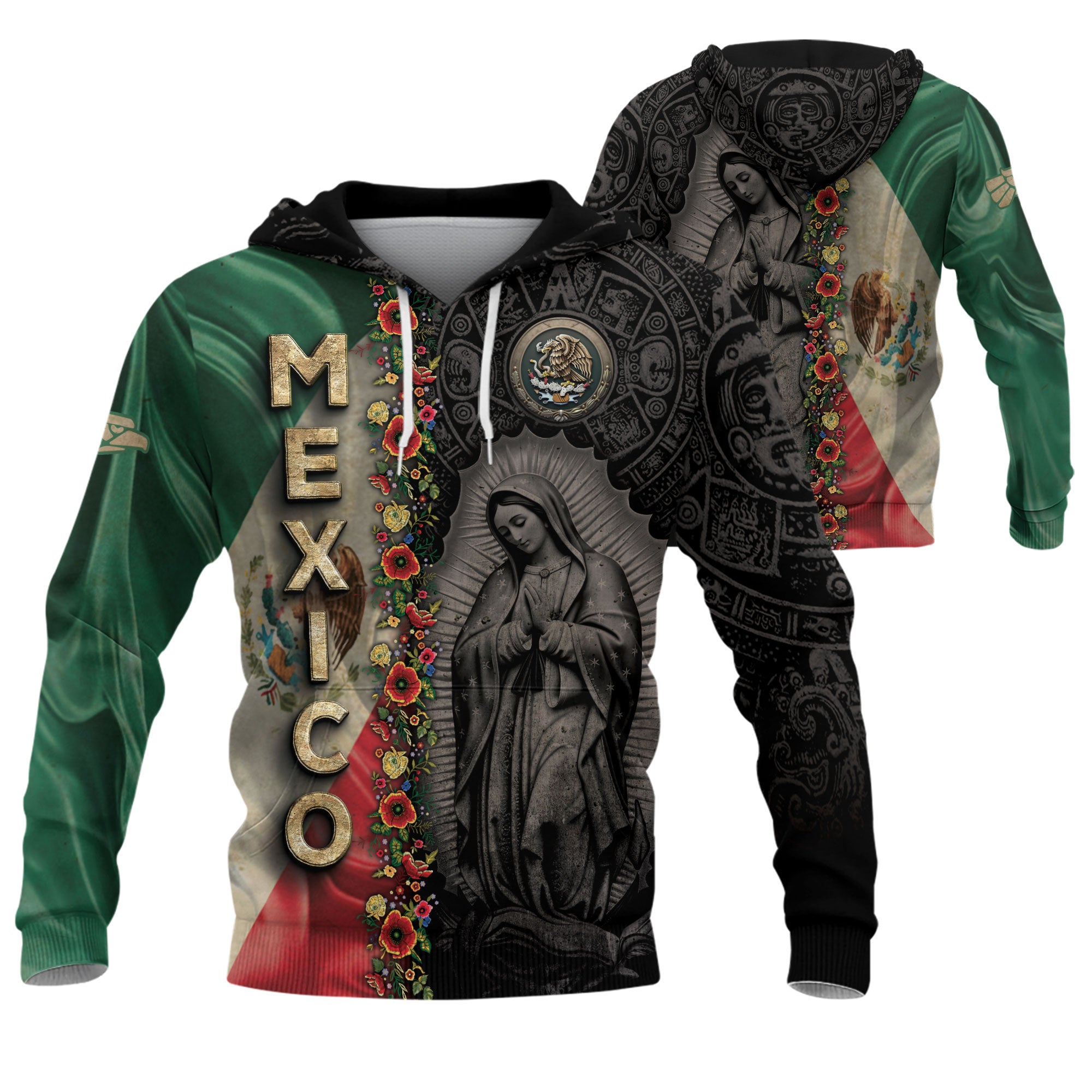 Mexico Flag Guadalupe Aztec Floral Heritage Legacy Cultural Pride Hoodie