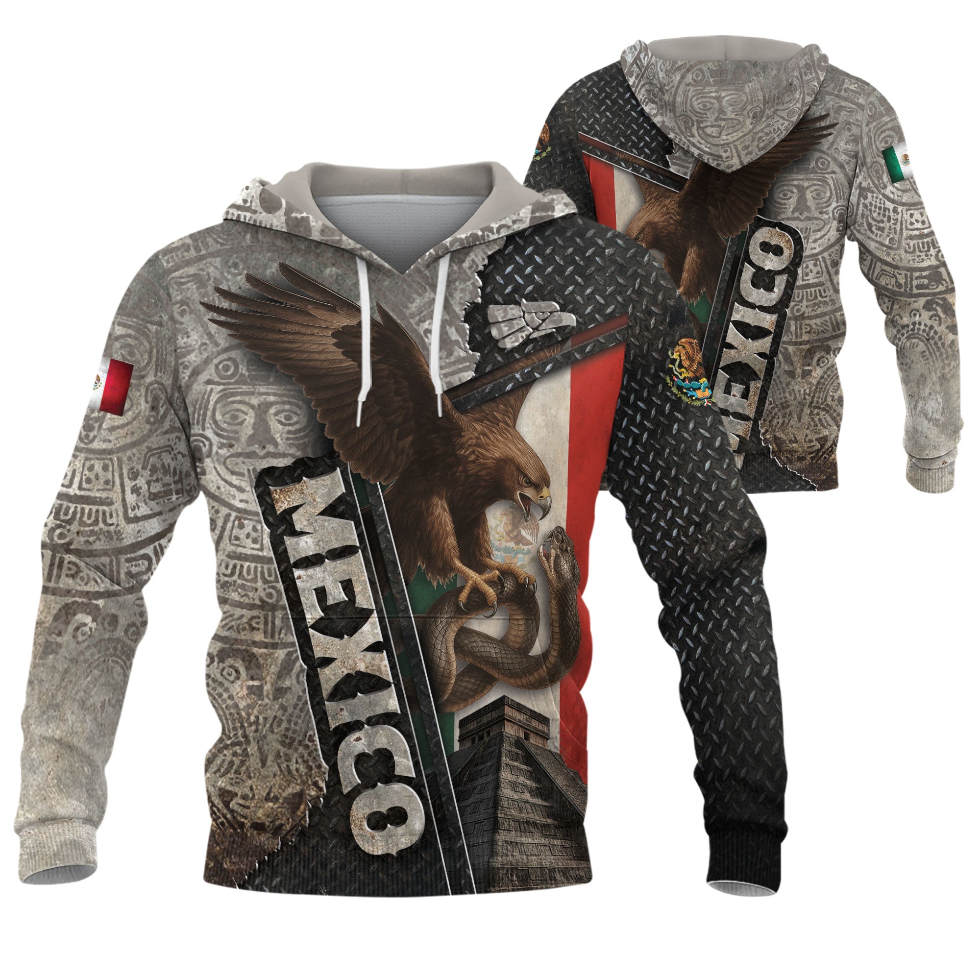 Mexico Flag Eagle Serpent Aztec Pyramid Stone Steel Heritage Warrior Pride Hoodie