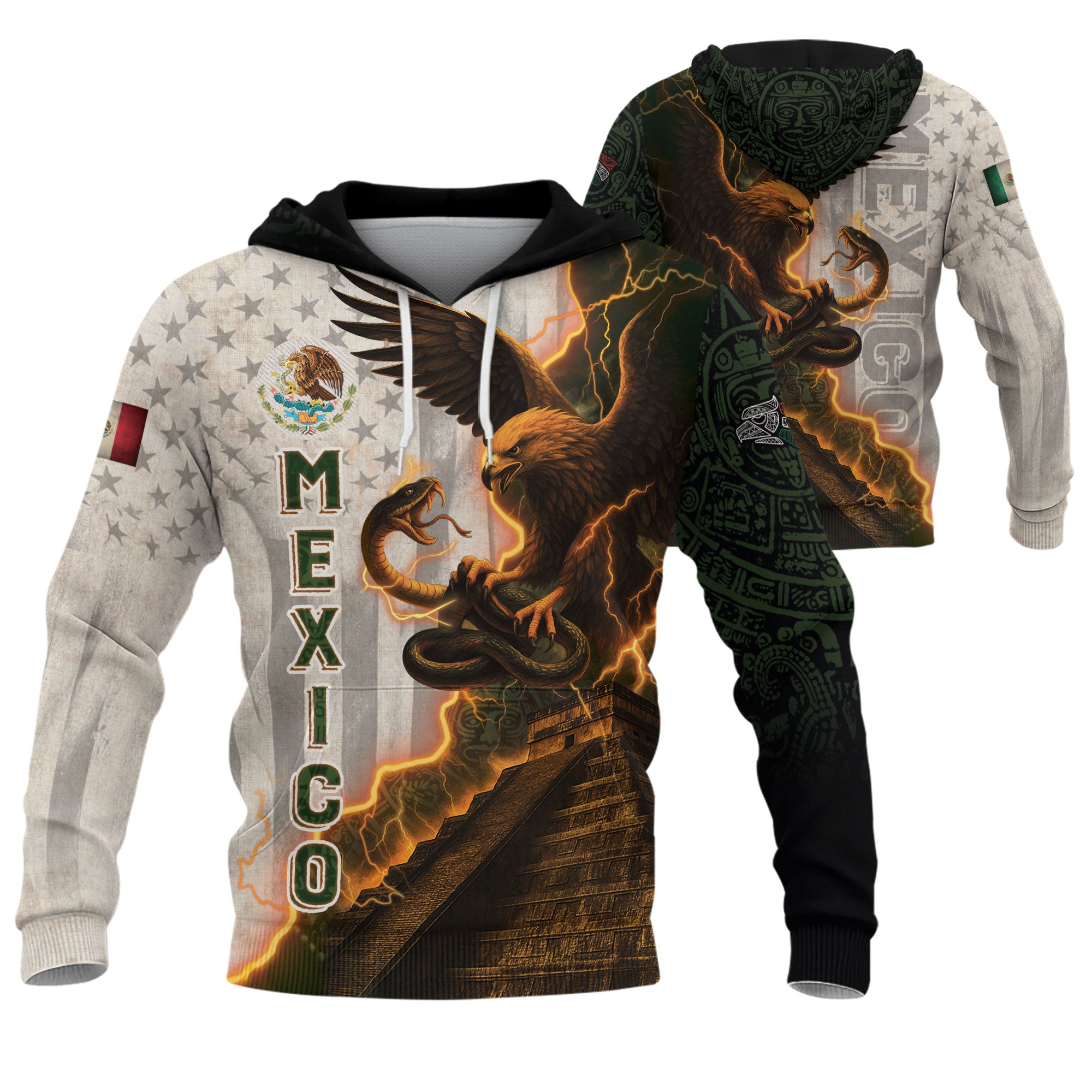 Mexico Flag Eagle Serpent Lightning Aztec Pyramid Heritage Power Pride Hoodie