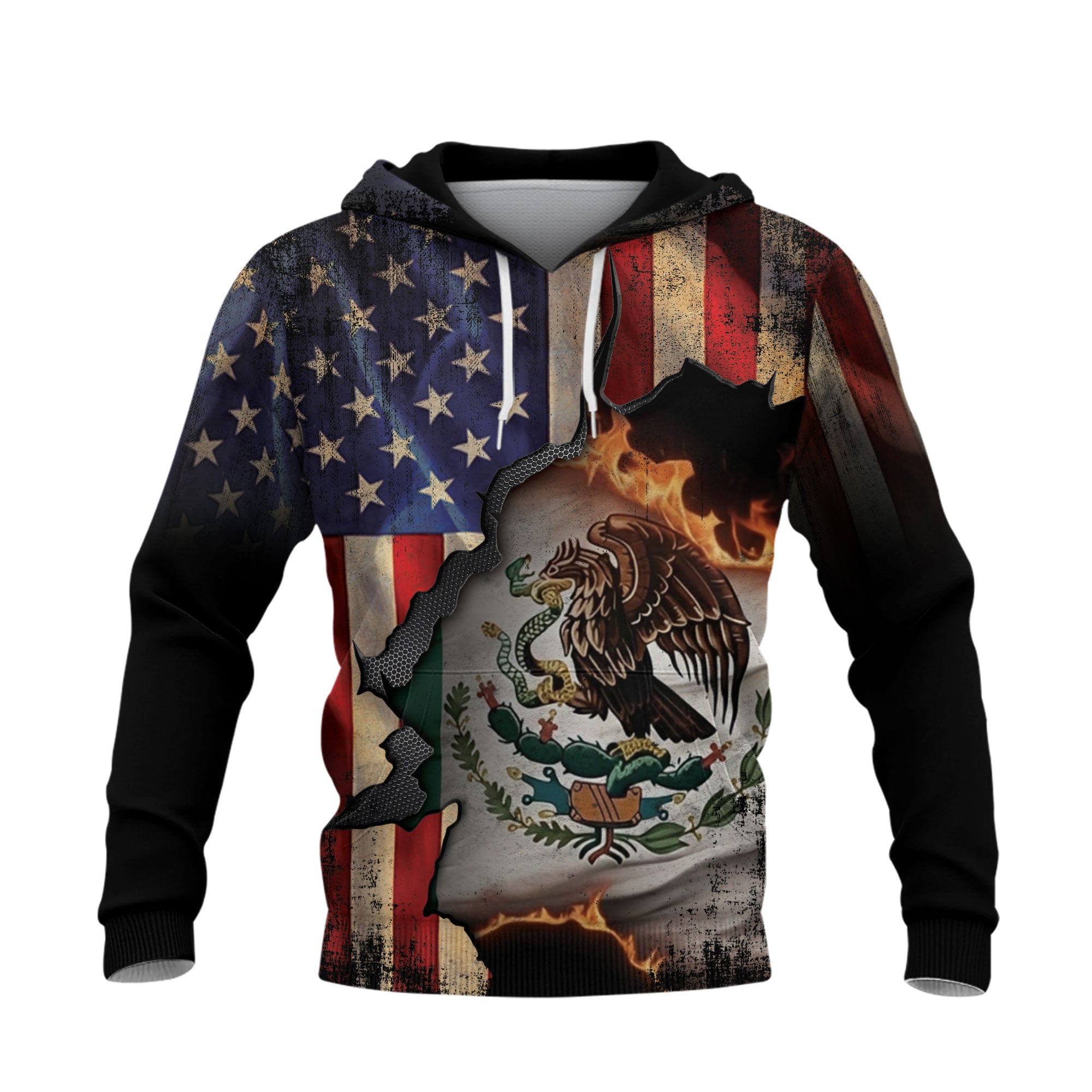 Sudadera con capucha de la bandera de México y Estados Unidos, águila, herencia, quema a través del orgullo, guerrero de la unidad