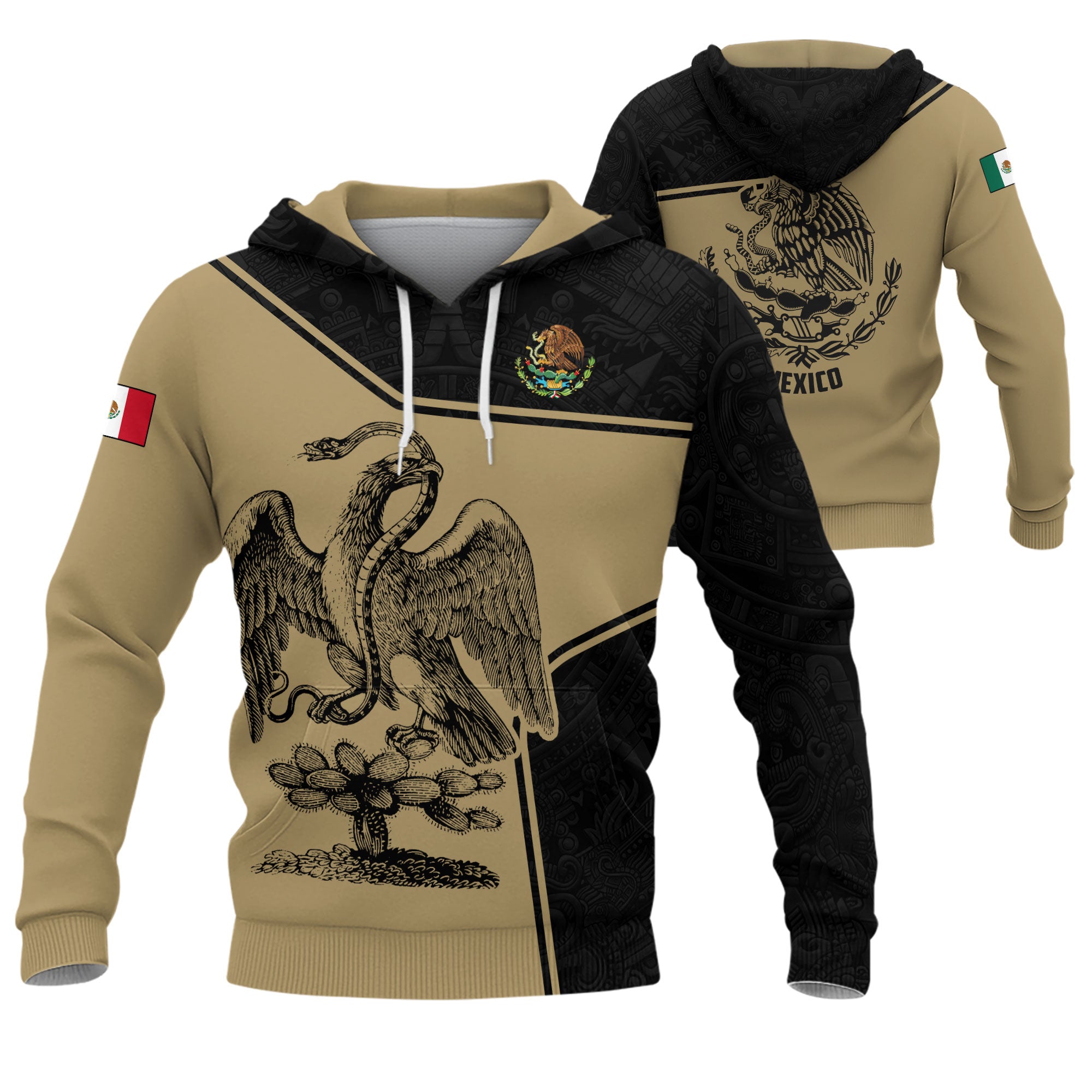 Sudadera con capucha con gráfico azteca del orgullo guerrero negro dorado de México Spirit