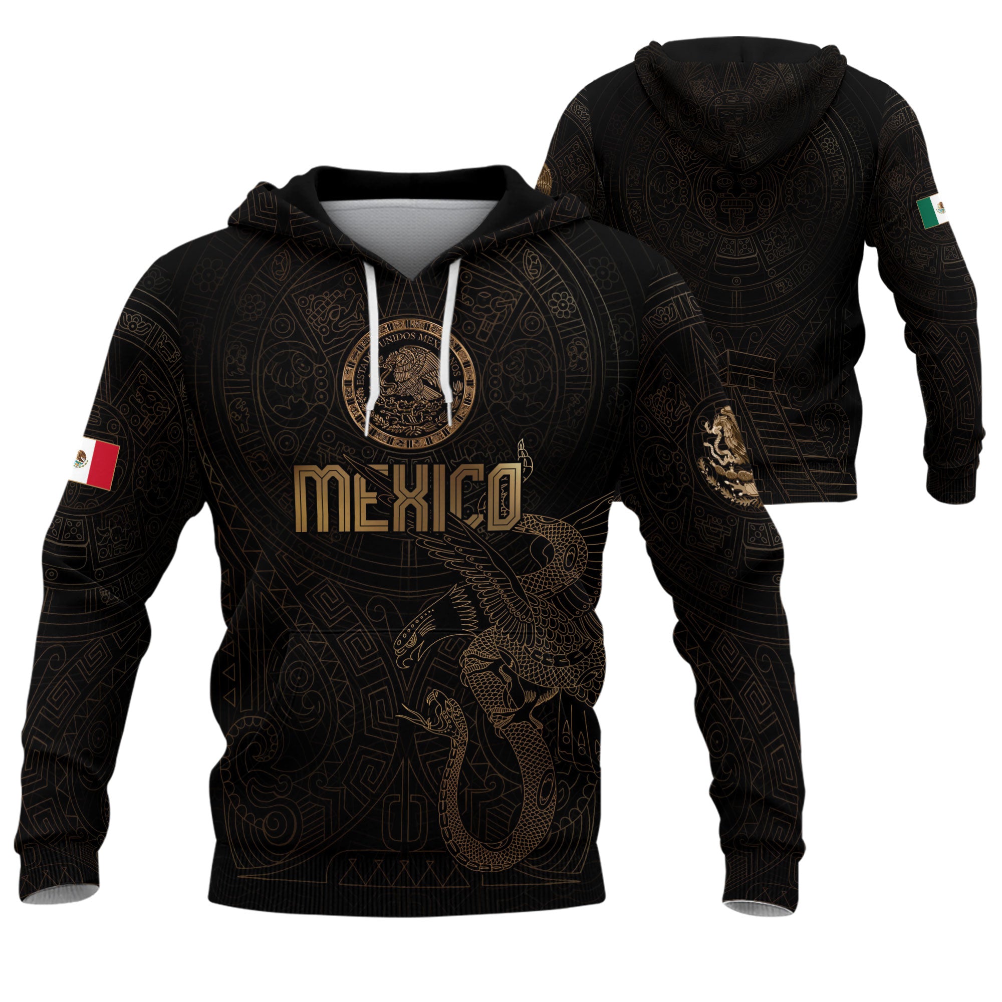 Mexican Gold Eagle Snake National Seal Aztec Calendar Mens Sudadera De Mexico Hoodie