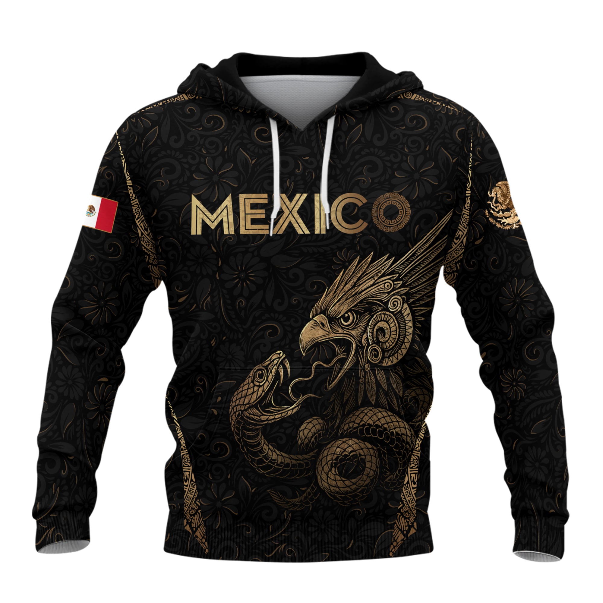 Mexican Gold Eagle Snake Floral Pattern Mens Sudadera De Mexico Heritage Hoodie