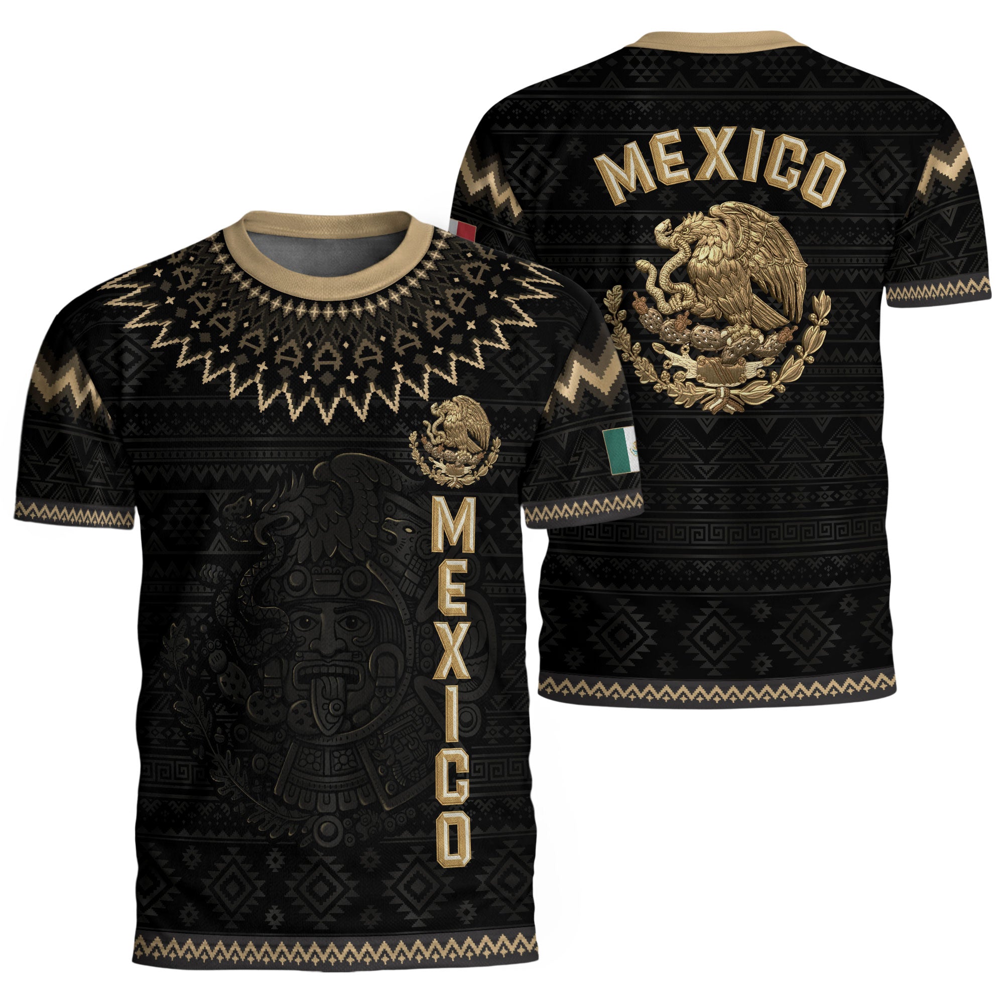 Mexico Heritage Soccer Jersey, Black Gold Aztec Pattern Design Jersey For Men