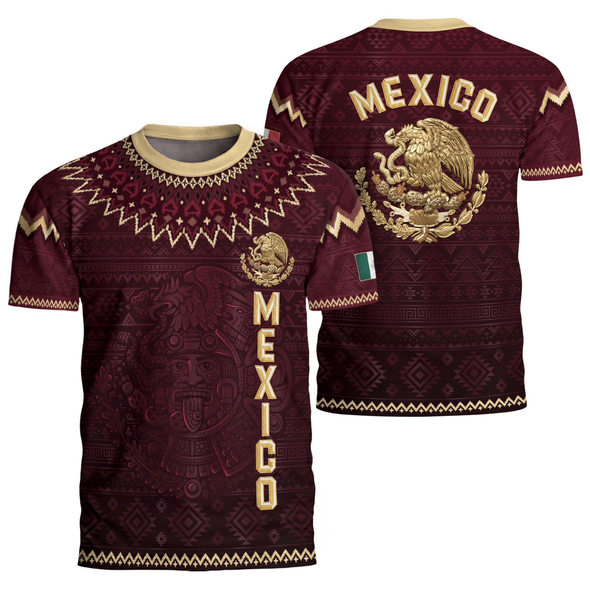 Mexico Heritage Soccer Jersey, Maroon Burgundy Gold Aztec Eagle Design Sports Jersey for Men