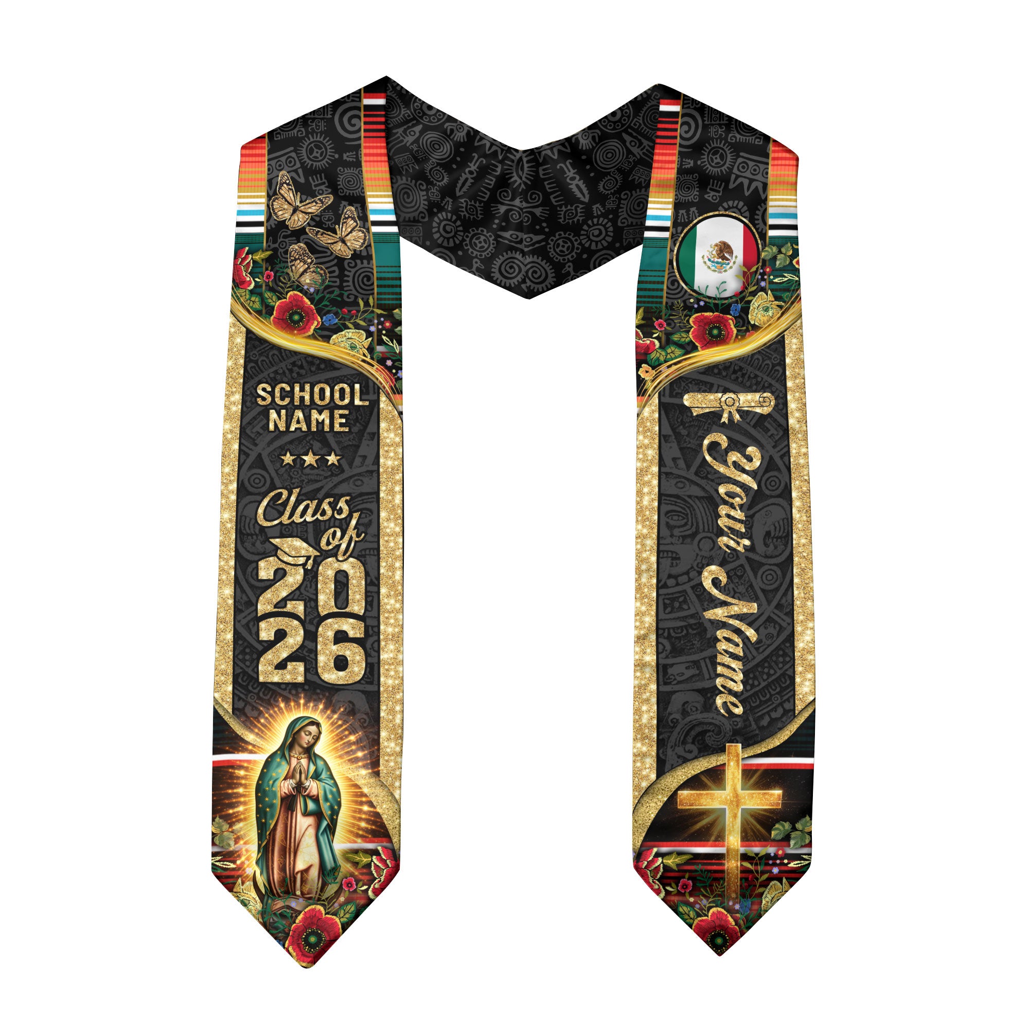 Custom Mexican Graduation Stole 2026 Mexico Sash Butterfly Virgin Mary Aztec Patterns