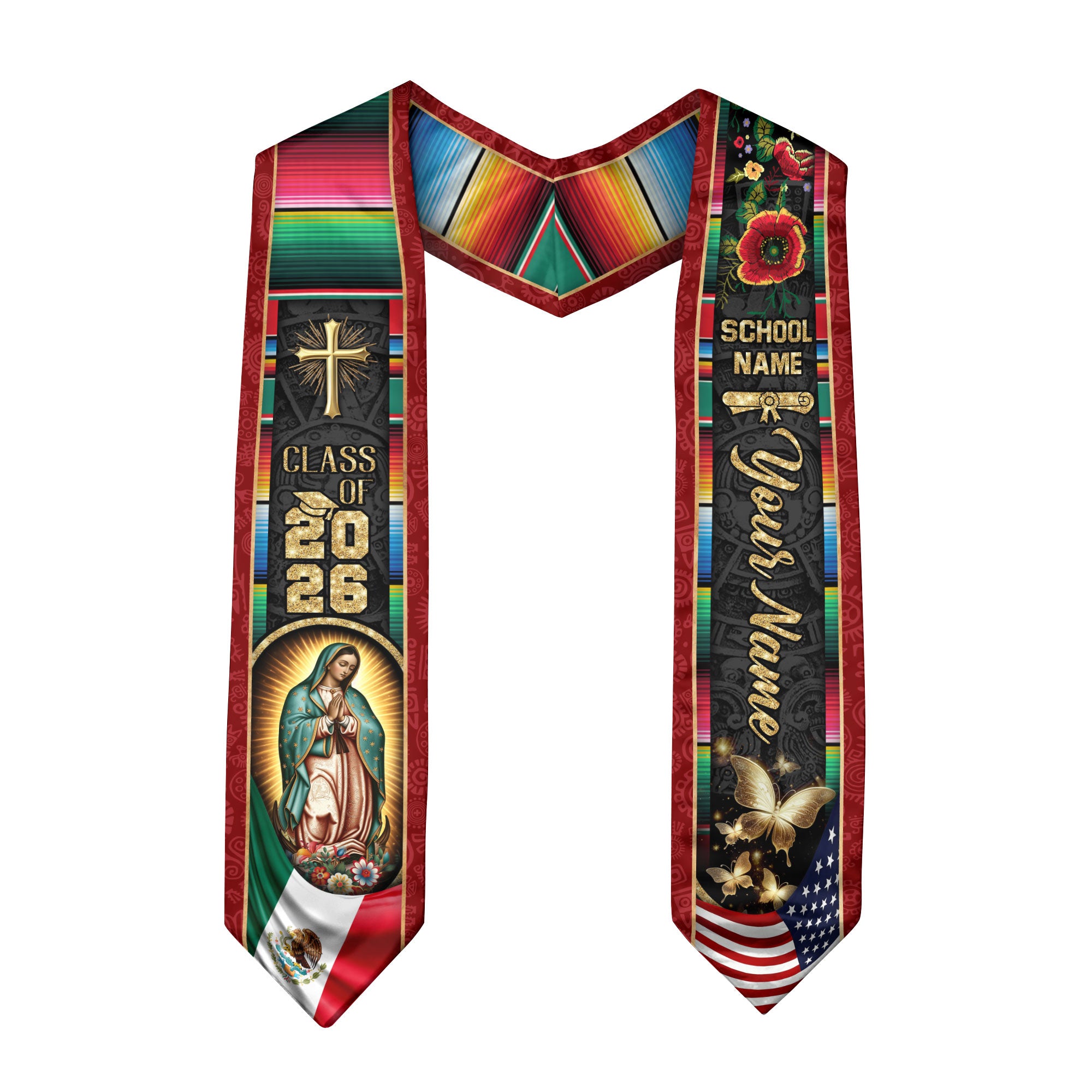 Custom Mexican Graduation Stole 2026 Mexico Sash Virgin Mary Butterfly Aztec Patterns