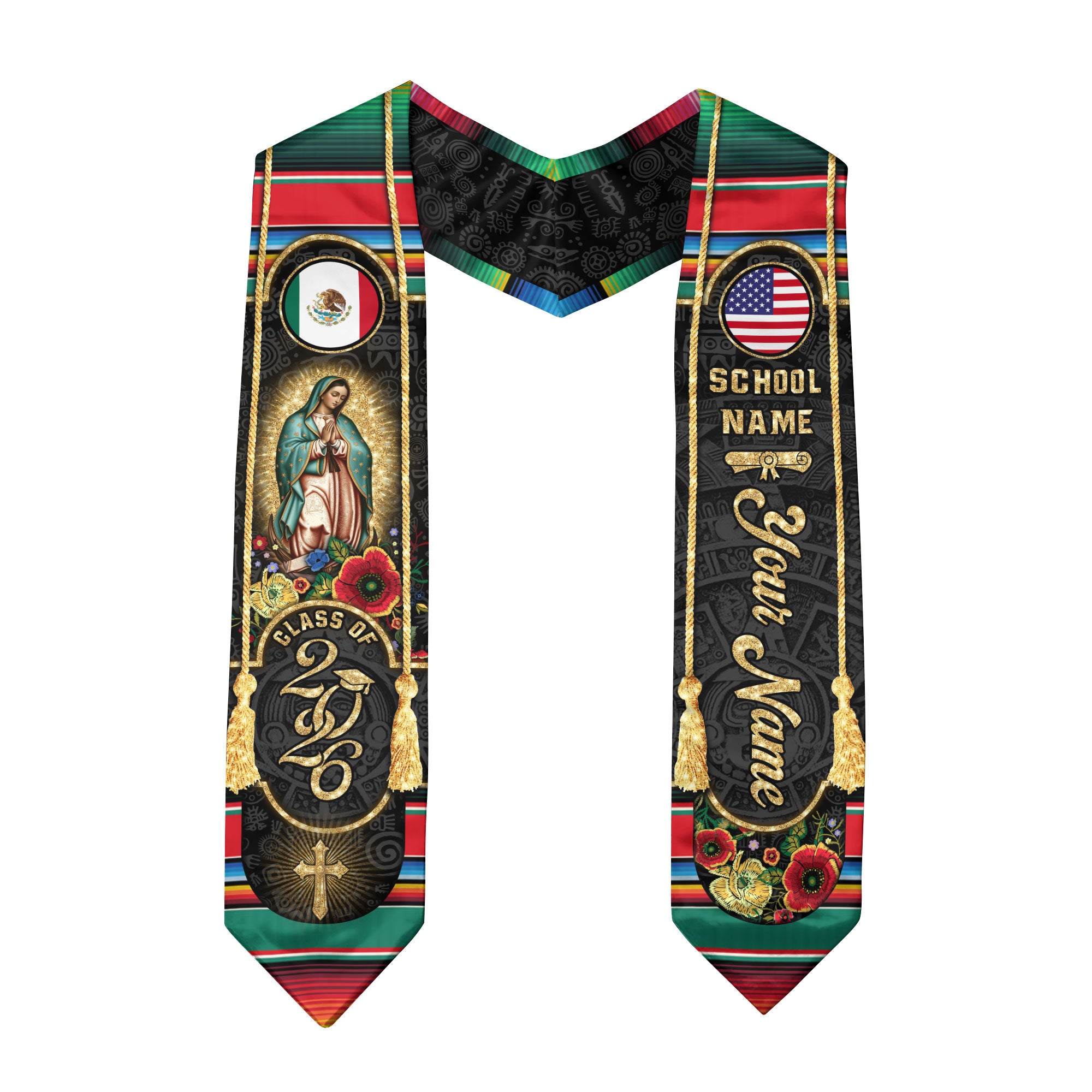 Custom Mexican USA Flag Graduation Stole 2026 Mexico Sash Virgin Mary Cross Aztec Patterns