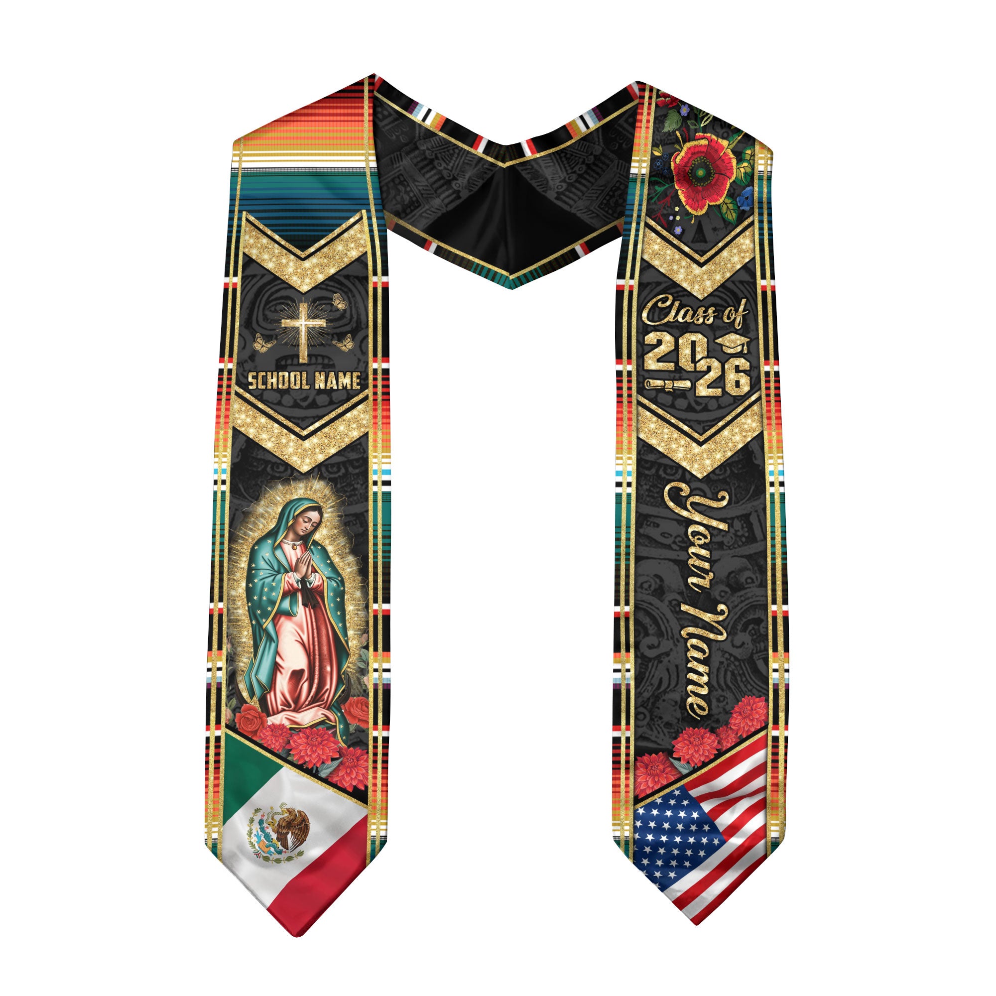 Custom Mexican Graduation Stole 2026 Virgin Mary Cross USA Flag Aztec Patterns Sash