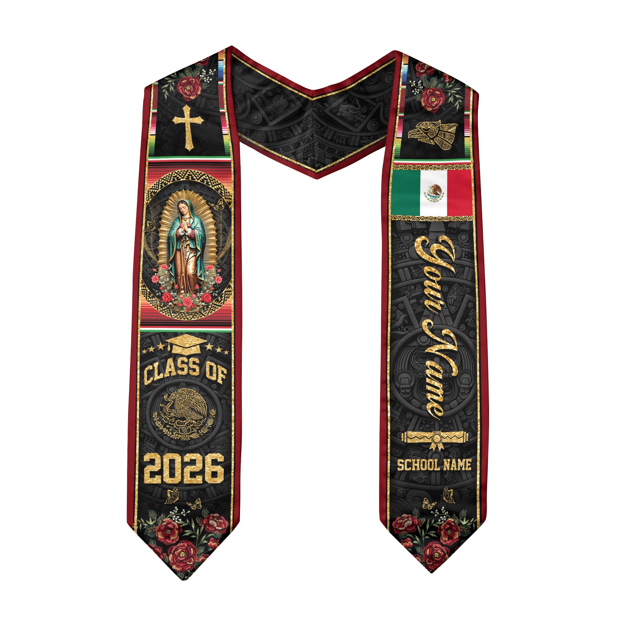 Custom Mexican Graduation Stole 2026 Virgin Mary Cross Flag Aztec Pattern Mexico Sash