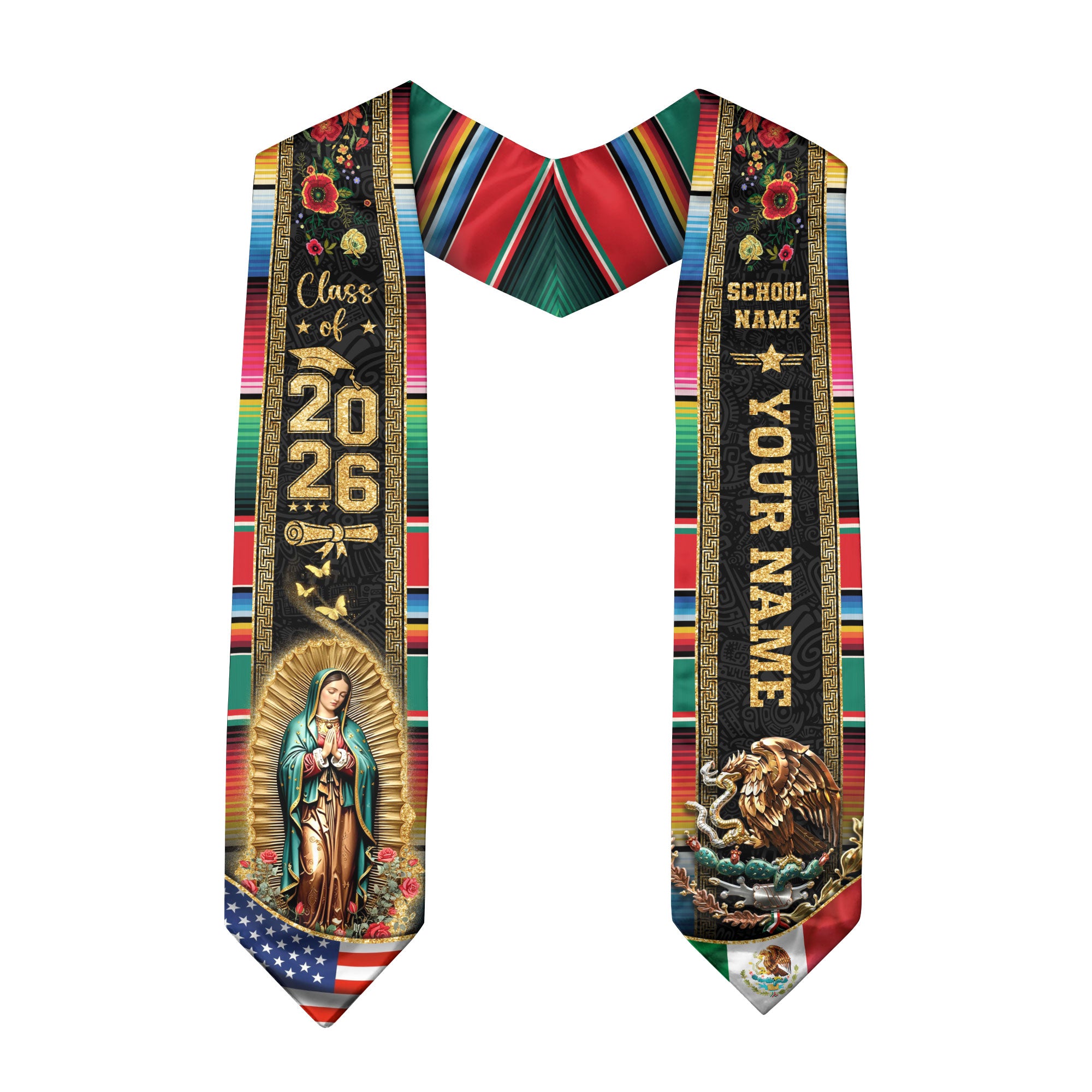 Mexican Graduation Stole Aztec Pattern Eagle Virgin Mary Flag Custom Sash 2026
