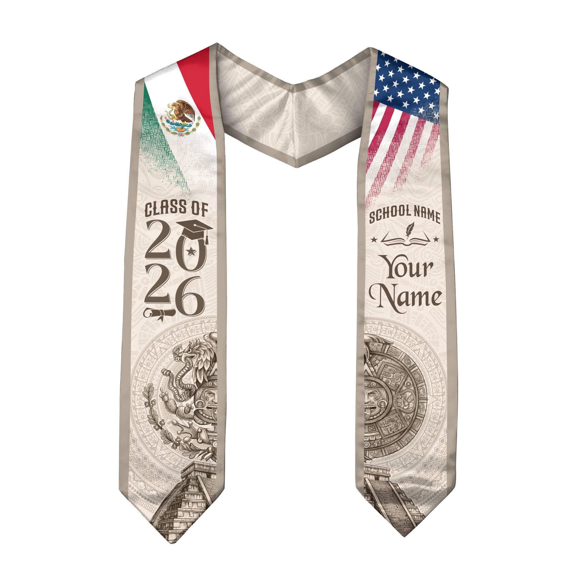 Mexican Graduation Stole Aztec Calendar Pyramid Eagle USA Mexico Flag Custom Sash