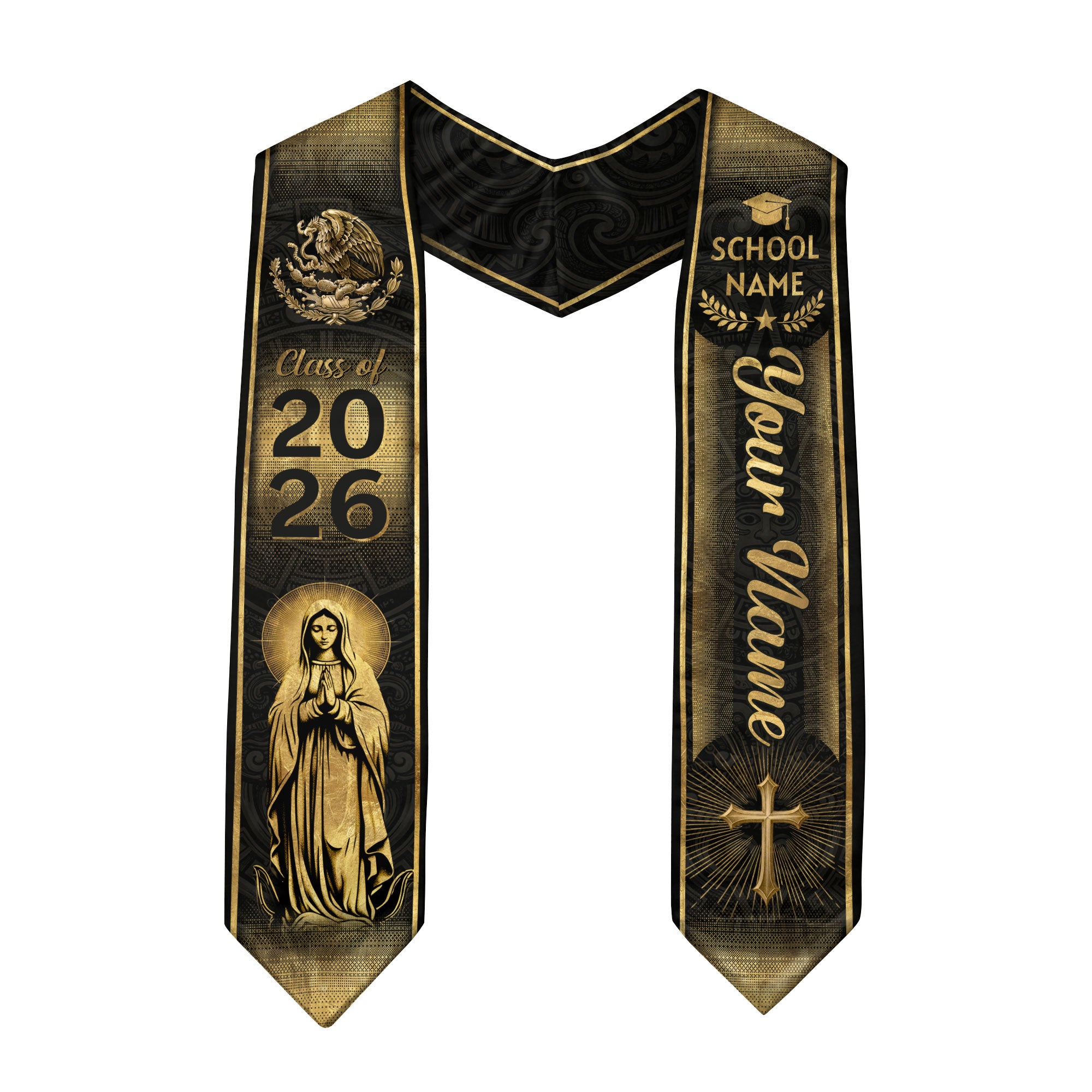 Mexican Graduation Stole Aztec Eagle Virgin Mary Cross Gold Custom Sash 2026