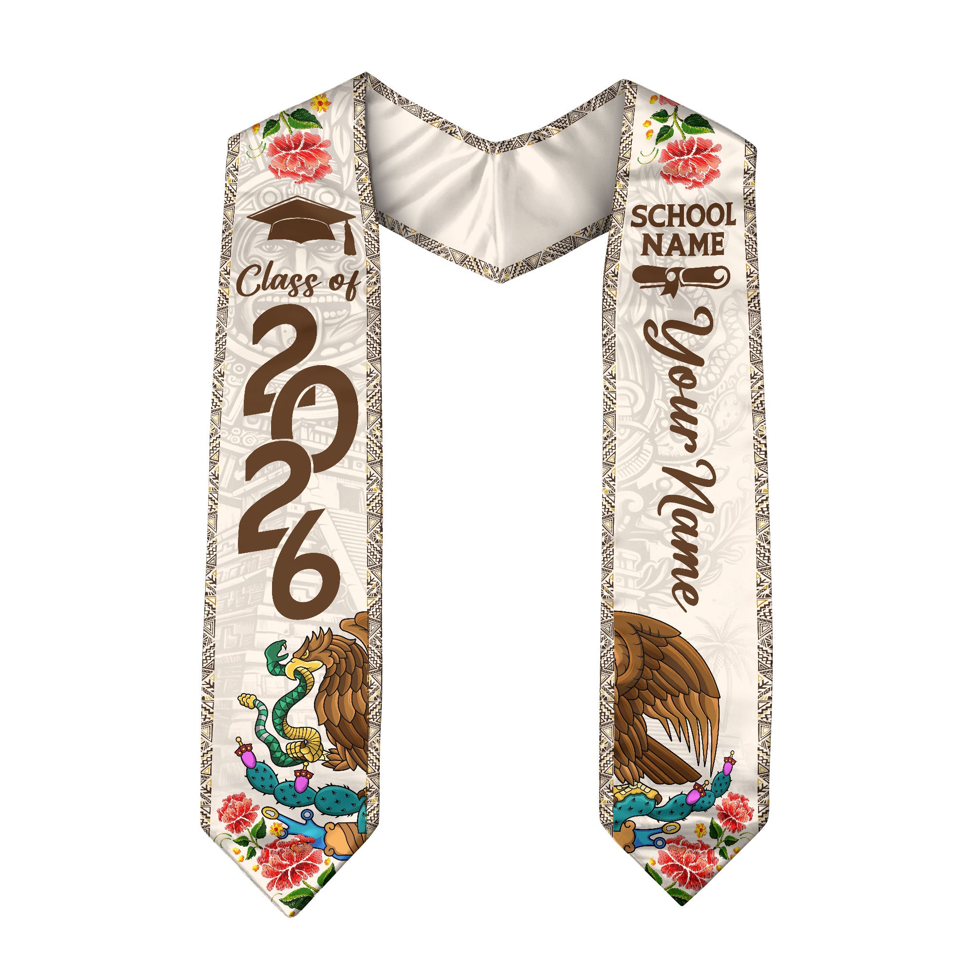 Mexican Graduation Stole Aztec Eagle Cactus Floral Custom Mexico Sash 2026