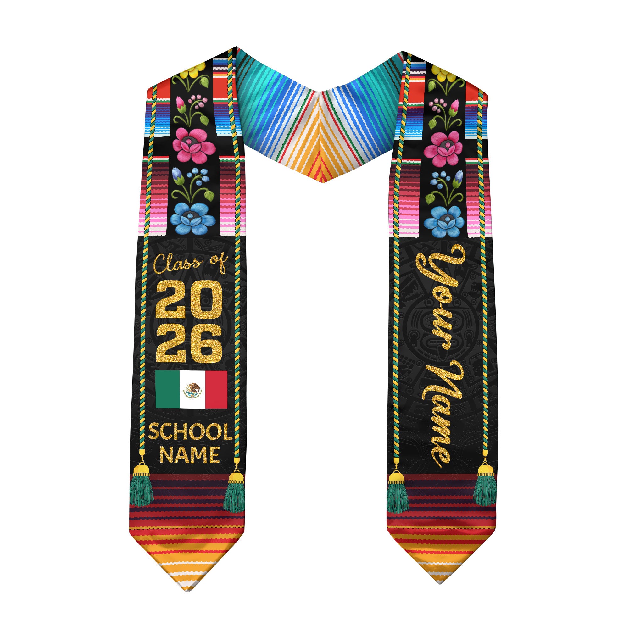Mexican Graduation Stole Aztec Floral Serape Tassel Flag Custom Sash 2026