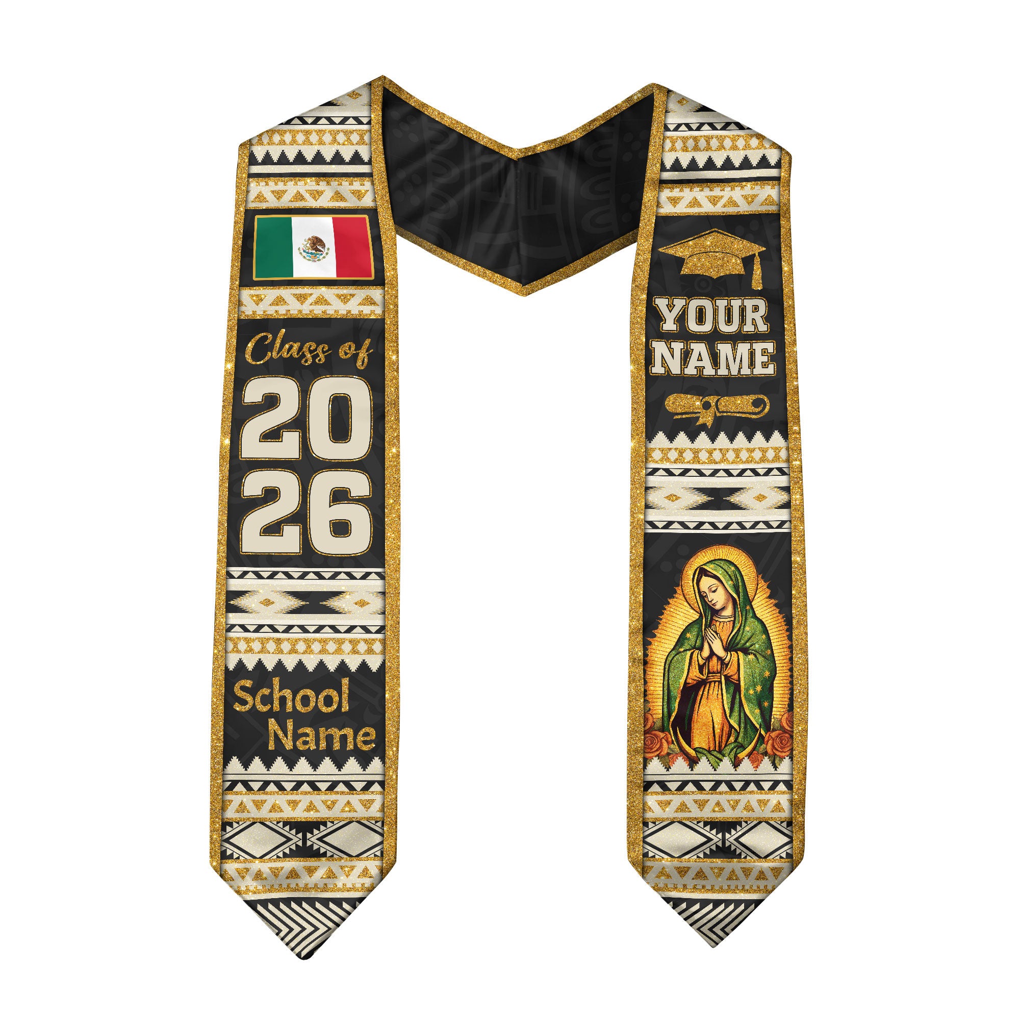 Mexican Graduation Stole Aztec Pattern Virgin Mary Flag Gold Tribal Custom Sash