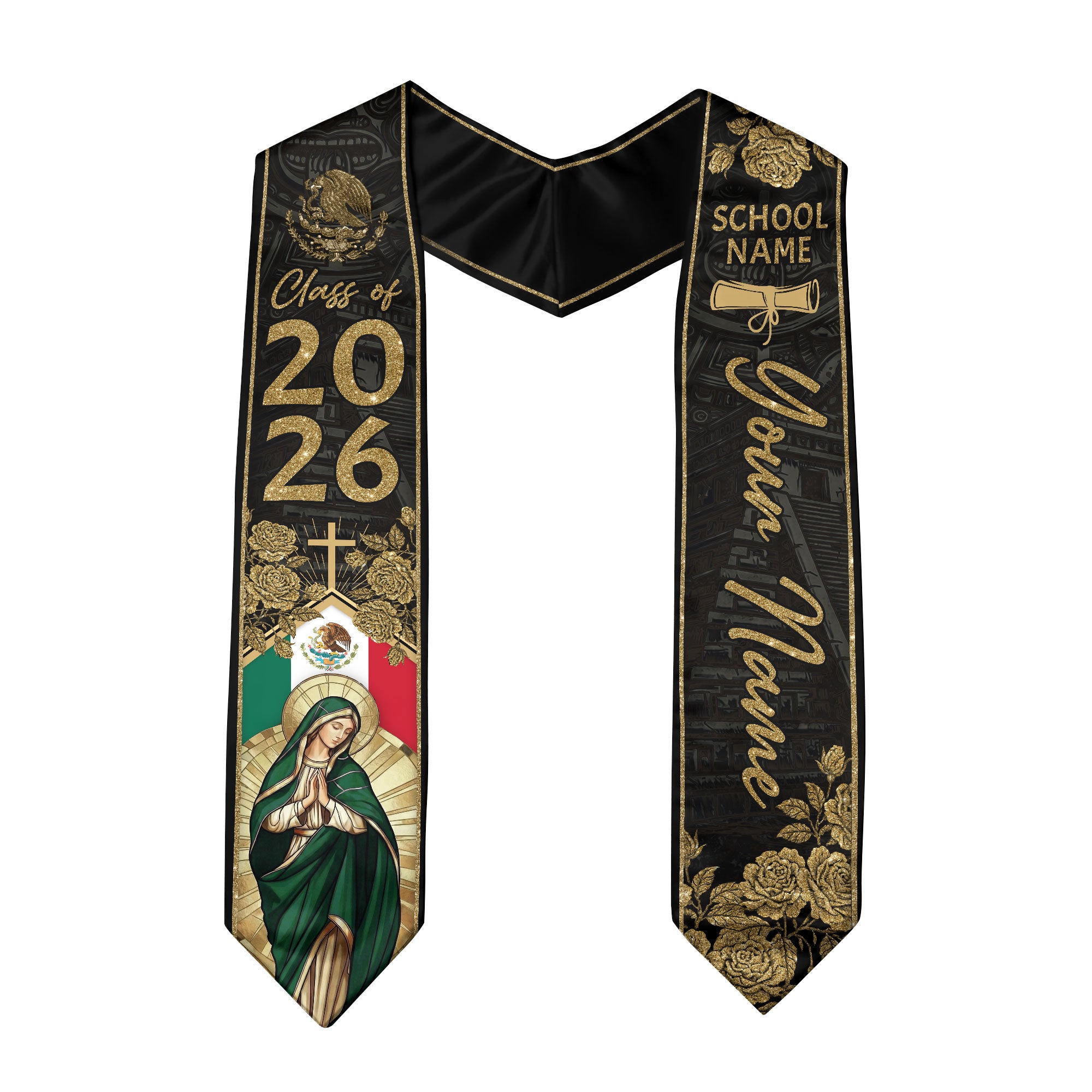 Mexican Graduation Stole Aztec Eagle Virgin Mary Rose Flag Custom Sash 2026