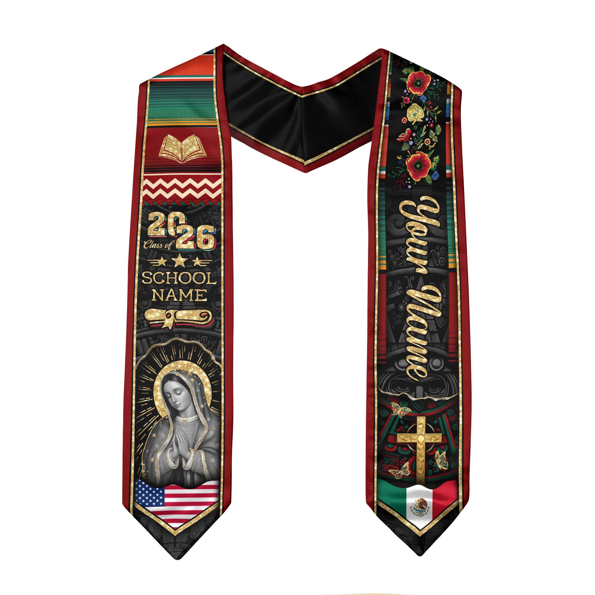 Mexican Graduation Stole Aztec Pattern Virgin Mary Cross Floral USA Flag Custom Sash