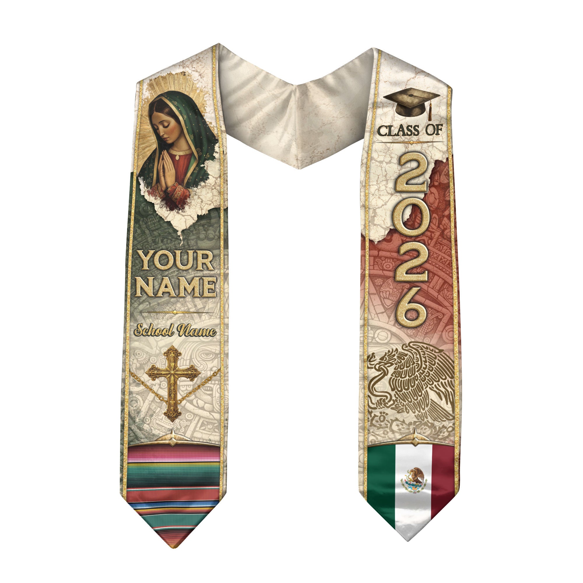 Mexican Graduation Stole Aztec Eagle Virgin Mary Cross Flag Custom Sash 2026